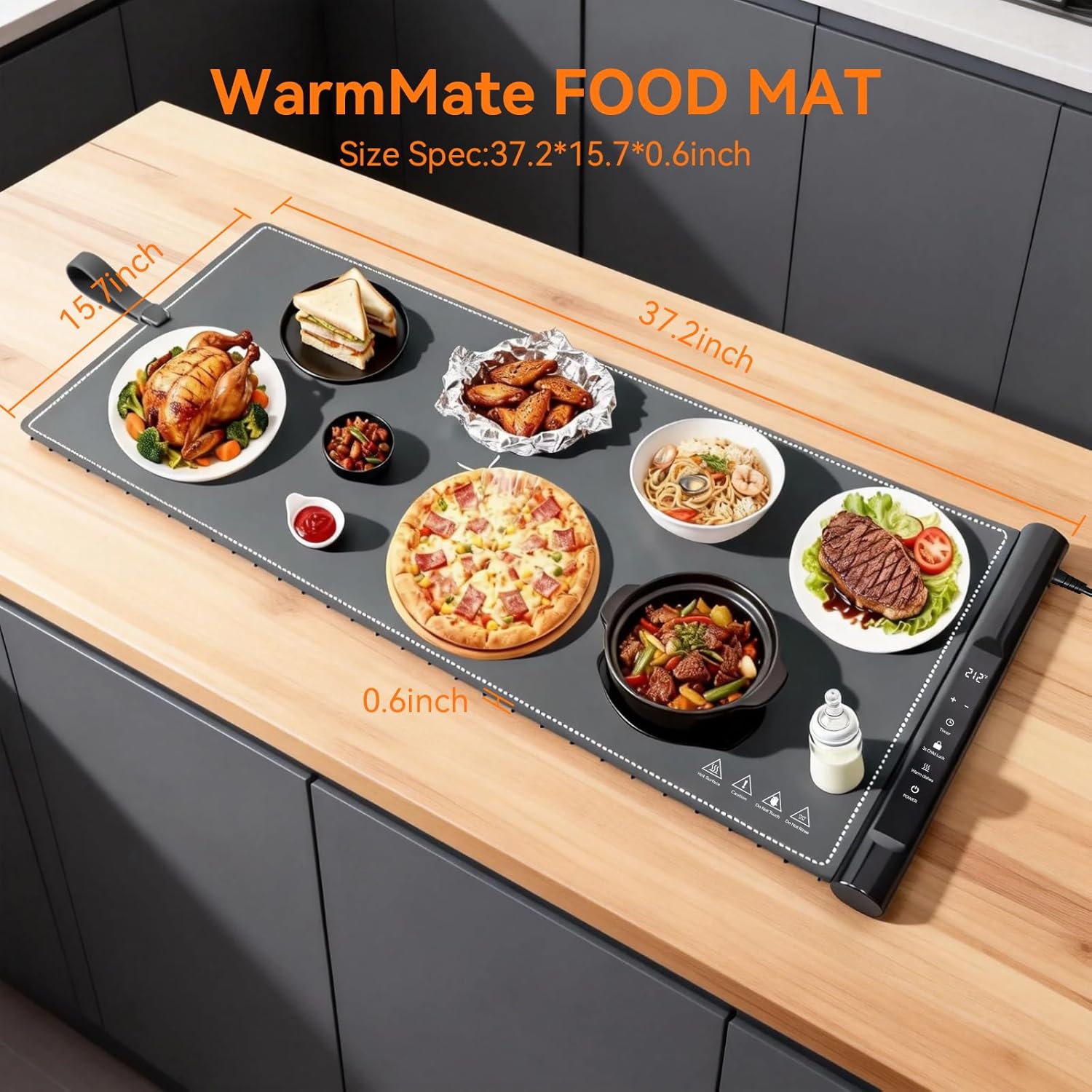 Food Warming Mat 37.2x15.7 Inch, Electric Silicone Heating Pad for Buffet Party, 7 Temperature Settings with 8H Timer & Child Lock, Portable Food Warmer (Grey)