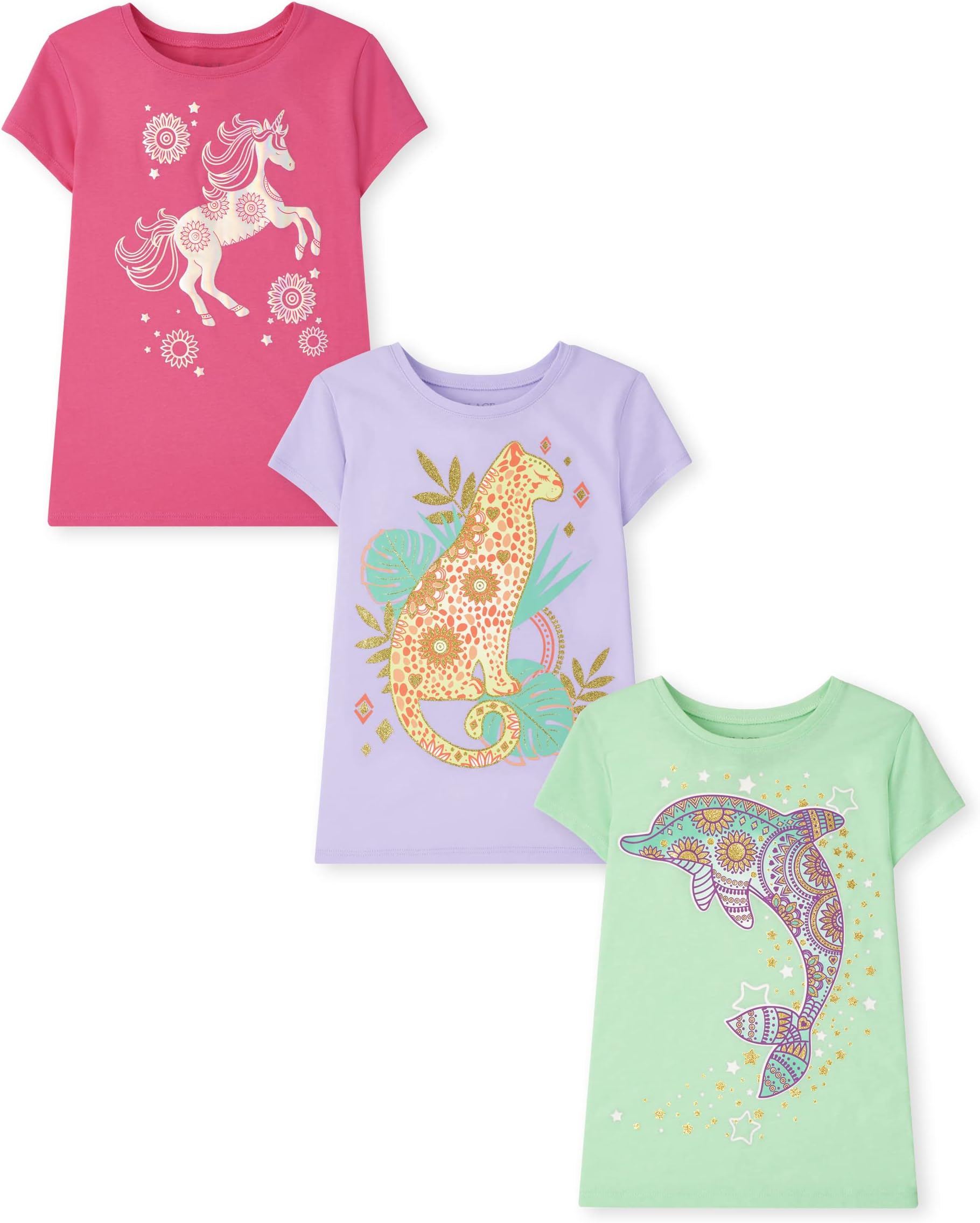 Girls' Unicorns,Butterfly Short Sleeve Graphic T-Shirts,3 Pack