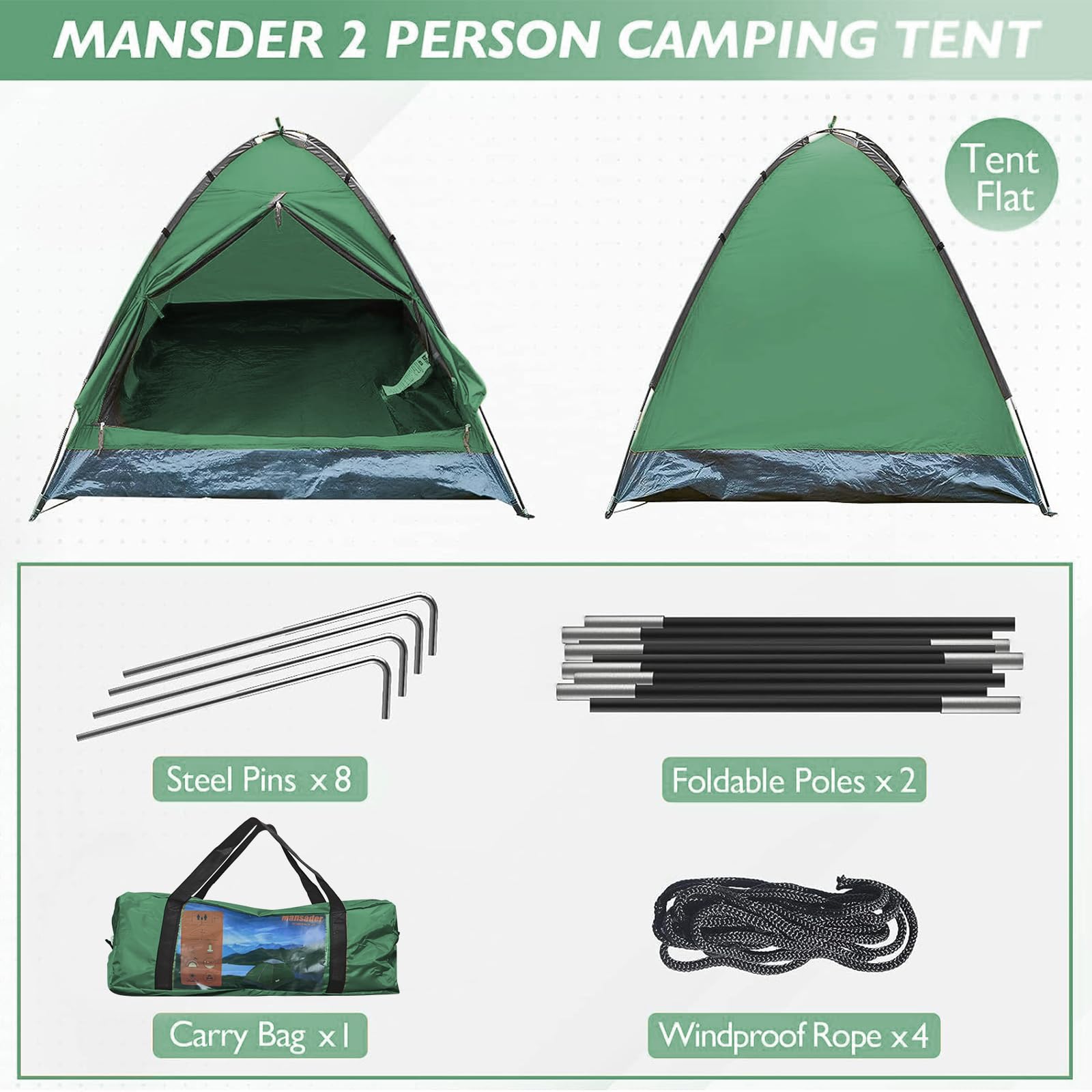 Piccola tenda da campeggio impermeabile per 2 persone, Attrezzatura Campeggio, Tenda Portatile per Zaino in Spalla Escursionismo Alpinismo - Facile Installazione