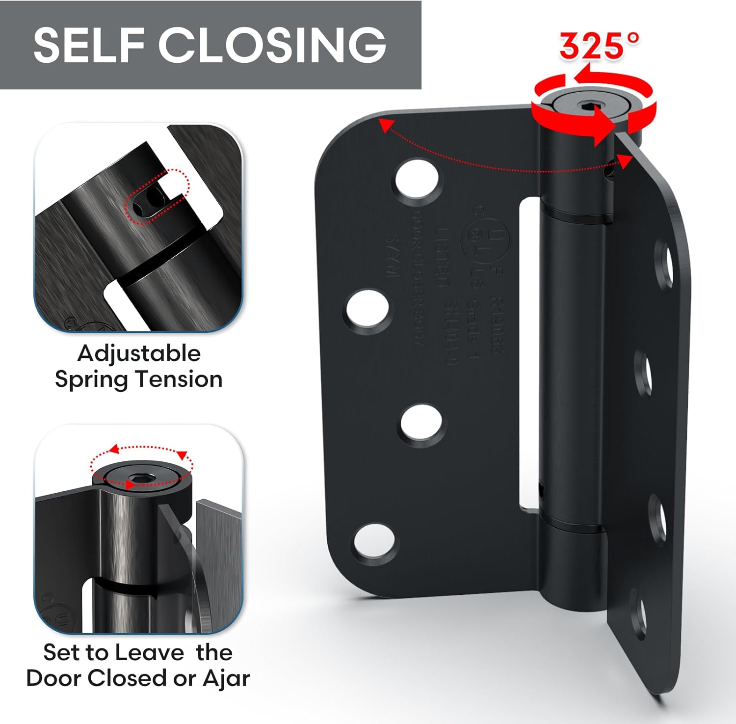 4 Pack Self Closing Door Hinges, 4 Inch Spring Loaded Door Hinges, Adjustable Tension with 5/8'' Radius Corners, for Front, Back Doors, Left and Right Hand, UL Listed, Gloss Black