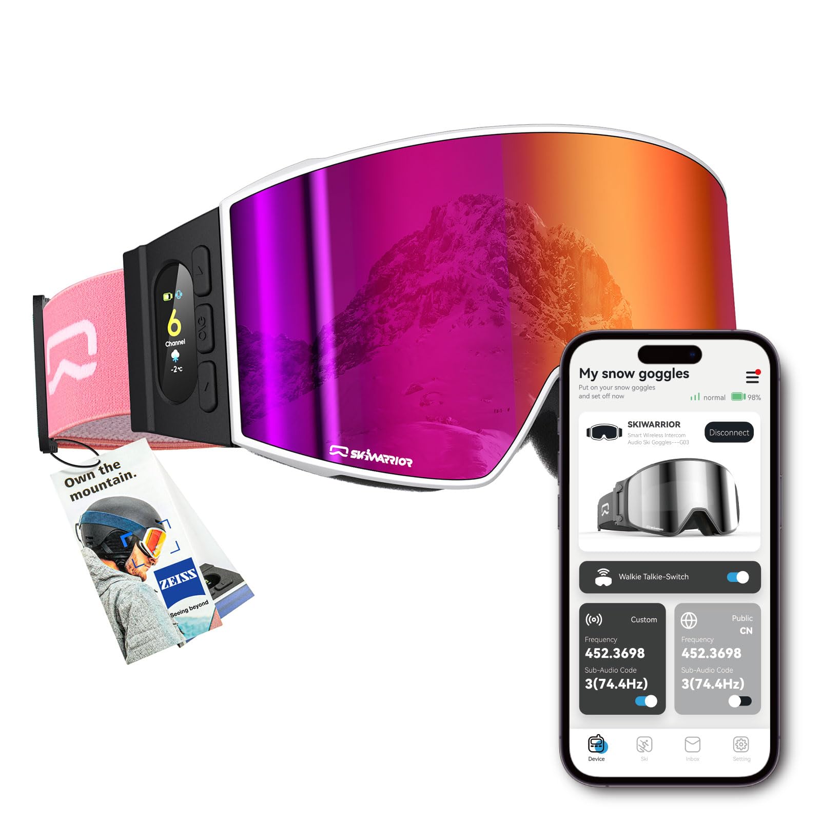 Multifunctional Smart Bluetooth Ski Goggles with Walkie-Talkie, Anti-Fog Zeiss Lens, Music & Call Function