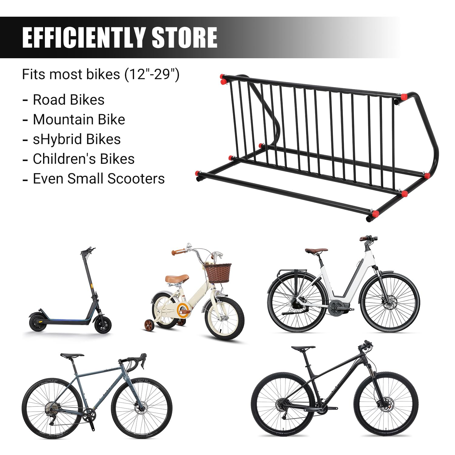 GarveeTech Fahrradständer Boden für 5 Fahrräder, Stabiler Radständer aus Stahl für Garage & Outdoor, Fahrradhalter geeignet für E-Bike, Mountainbike, Rennrad & Kinderfahrrad - bilateral
