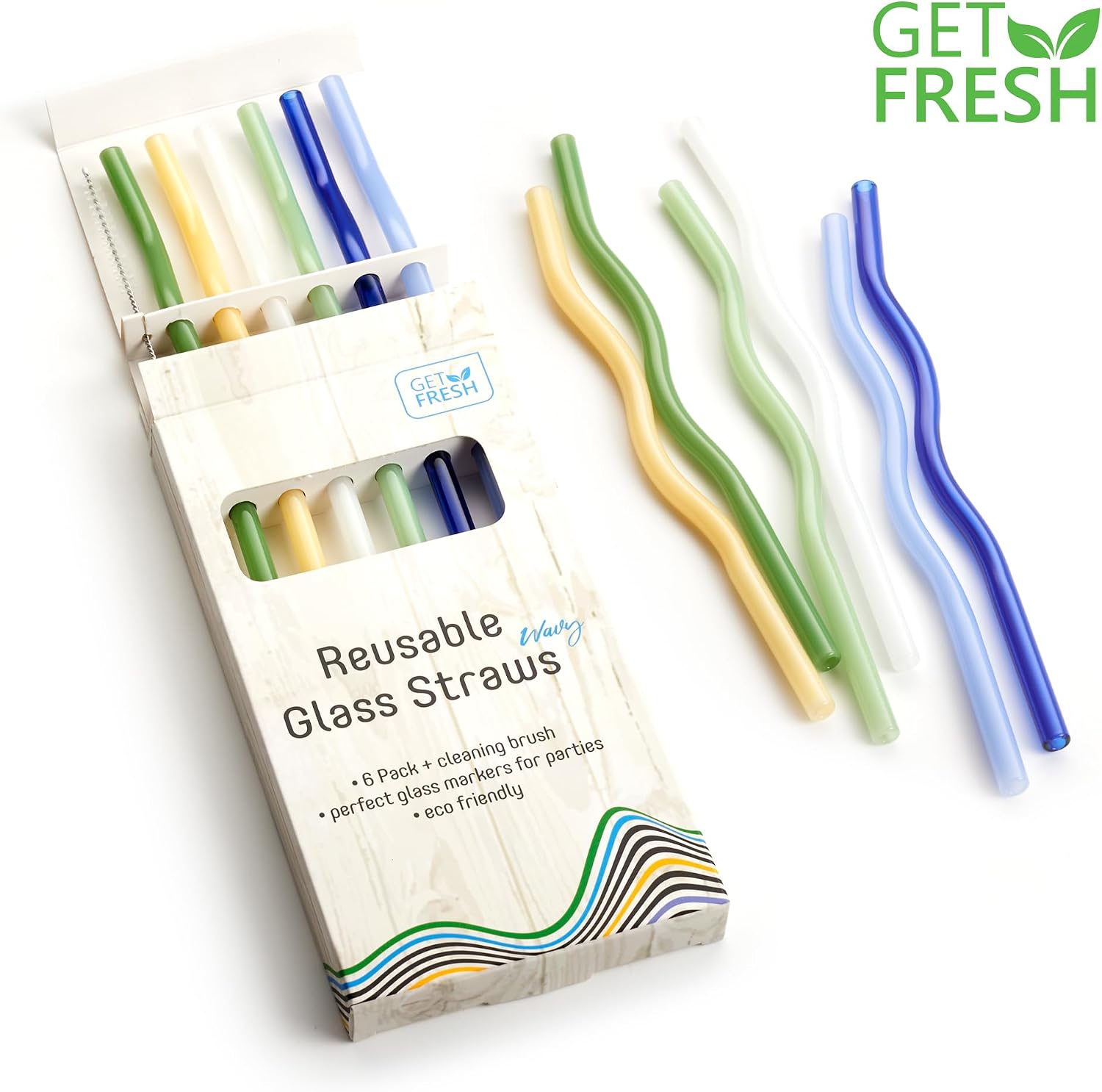 GET FRESH Reusable Wavy Glass Drinking Straws Set - 6pcs Colored Straws from Borosilicate Shatter Resistant Glass - Coloured Dishwasher Safe Wavy Cocktail Straws