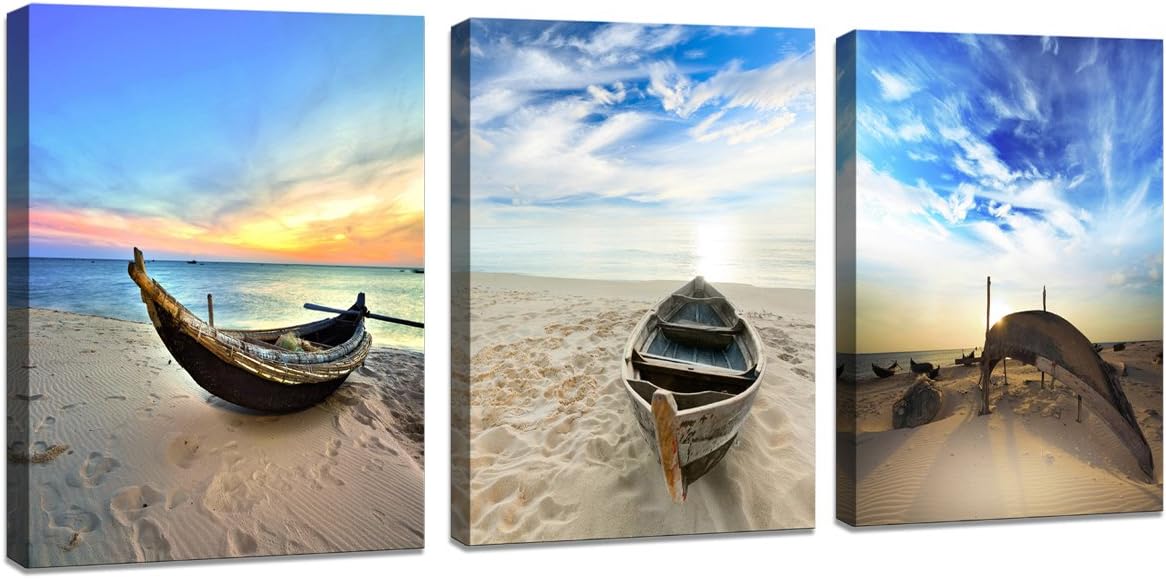 Wall Art Framed Modern Small Boat Canvas Prints Artwork Landscape Sea Beach Blue Sky Pictures Paintings on Canvas for Home Decorations