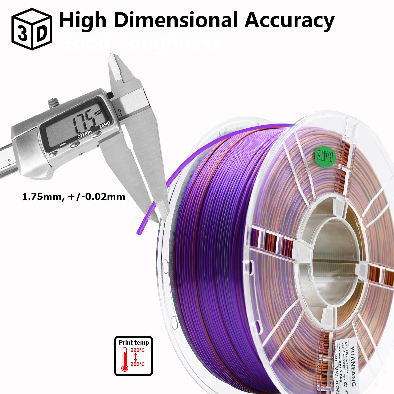 Filamento in PLA a triplo colore, 10 rotoli, bobina da 10 kg, 1,75 mm, precisione dimensionale +/- 0,03 mm, 10 diversi colori tripli