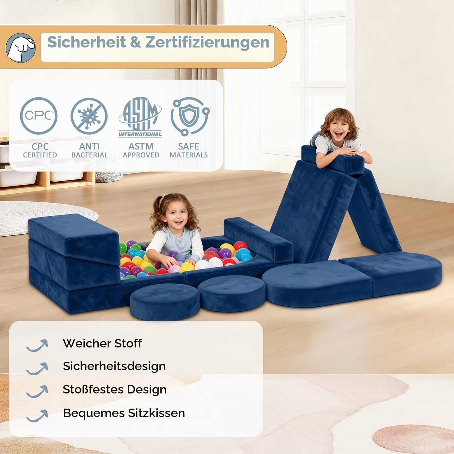Modulare Spielsofa für Kinder 12-teilig – CPC-zertifiziert, Umbaubare kindersofa, maschinenwaschbares kindercouch, Strapazierfähiges Schaumstoff-Bodenkissen für Kinder, ideal für Schlafzimmer