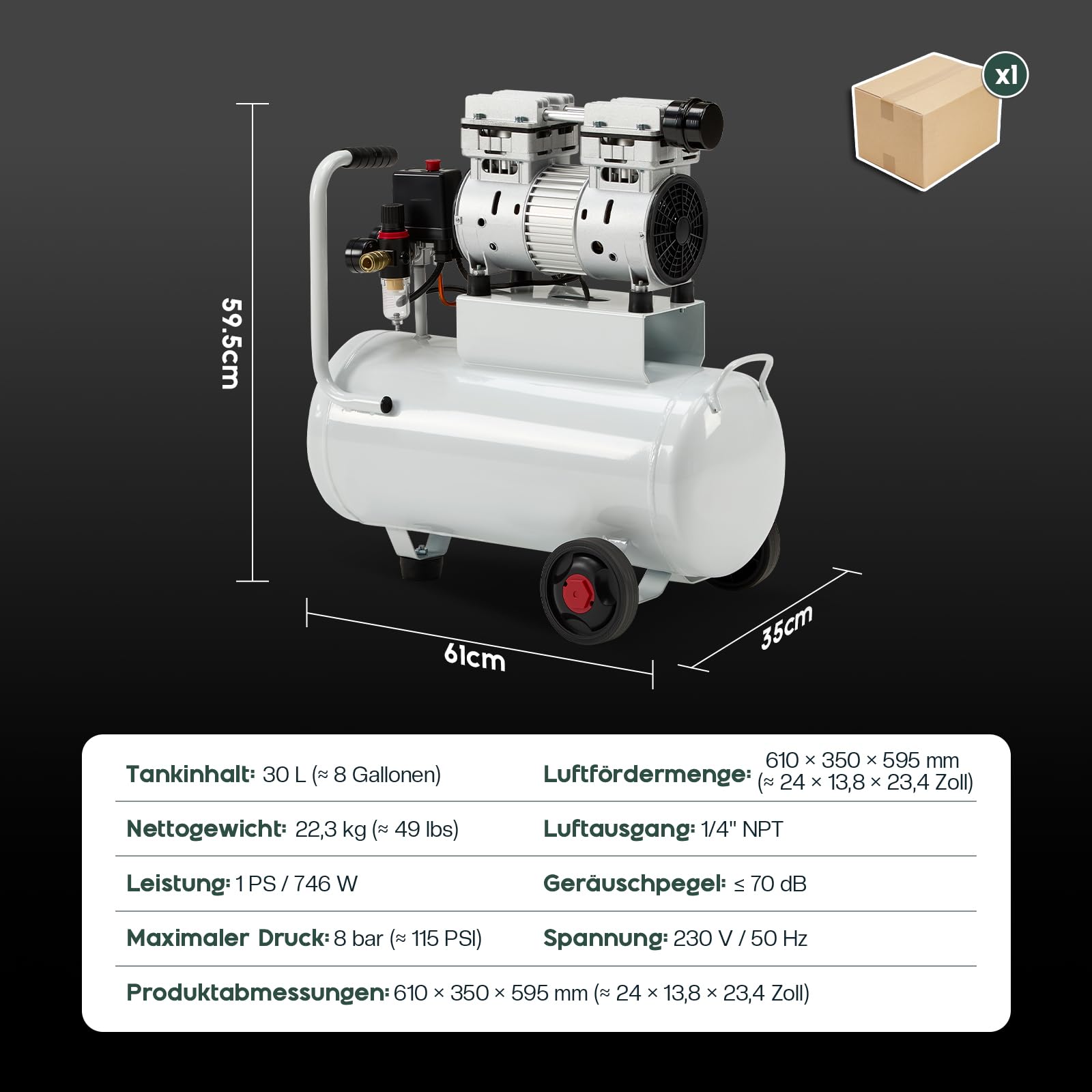 LUXOAK Compresor de aire con válvula de descarga automática, caldera de 30 l, 8 bar, 0,75 kW/1,0 CV, 160 l/min, sin aceite, doble cilindro, fácil de transportar gracias a las ruedas