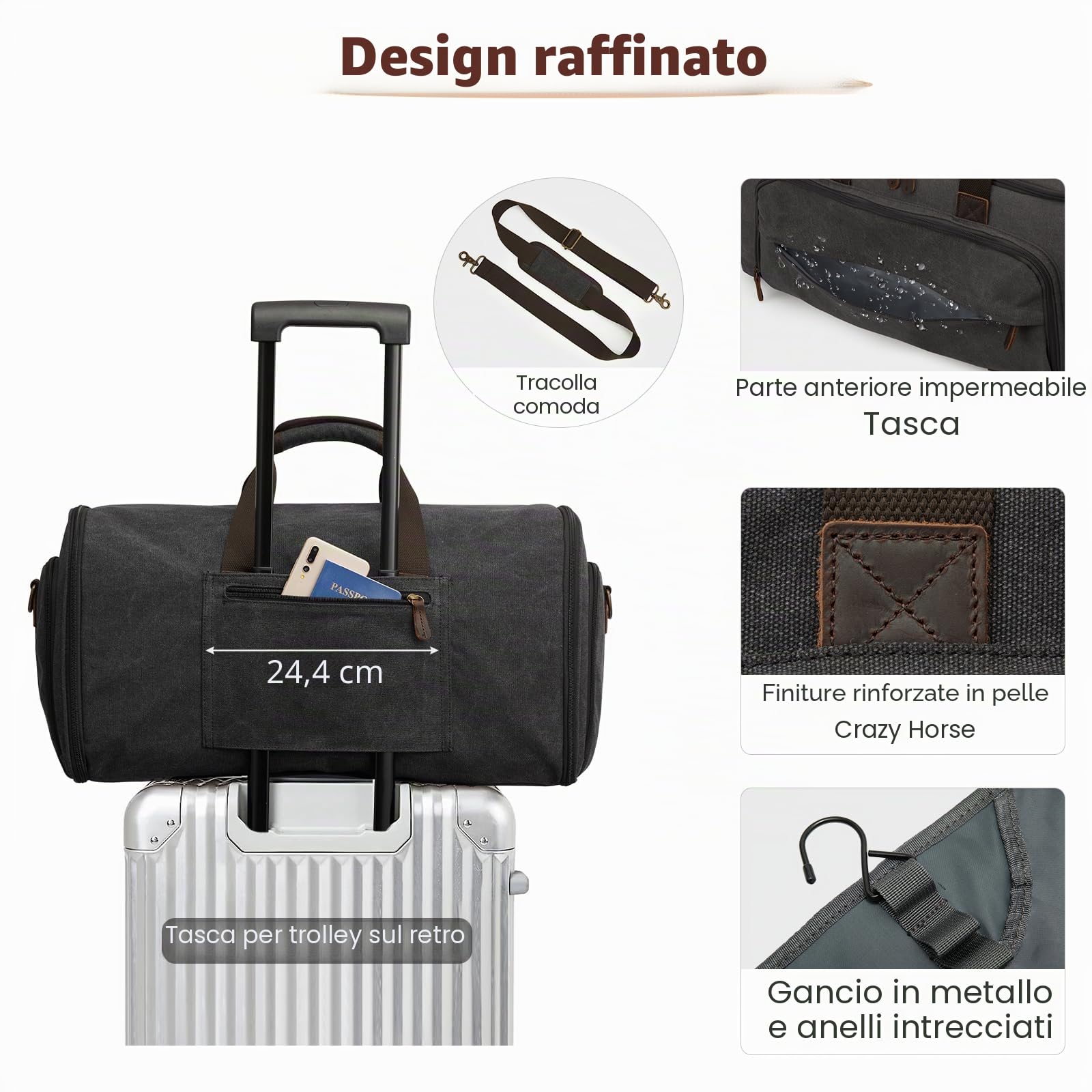 S-ZONE 60L 3 in 1 unisex borsa per vestiti convertibile in tela con astuccio da toilette per viaggi vacanze brevi viaggi d'affari