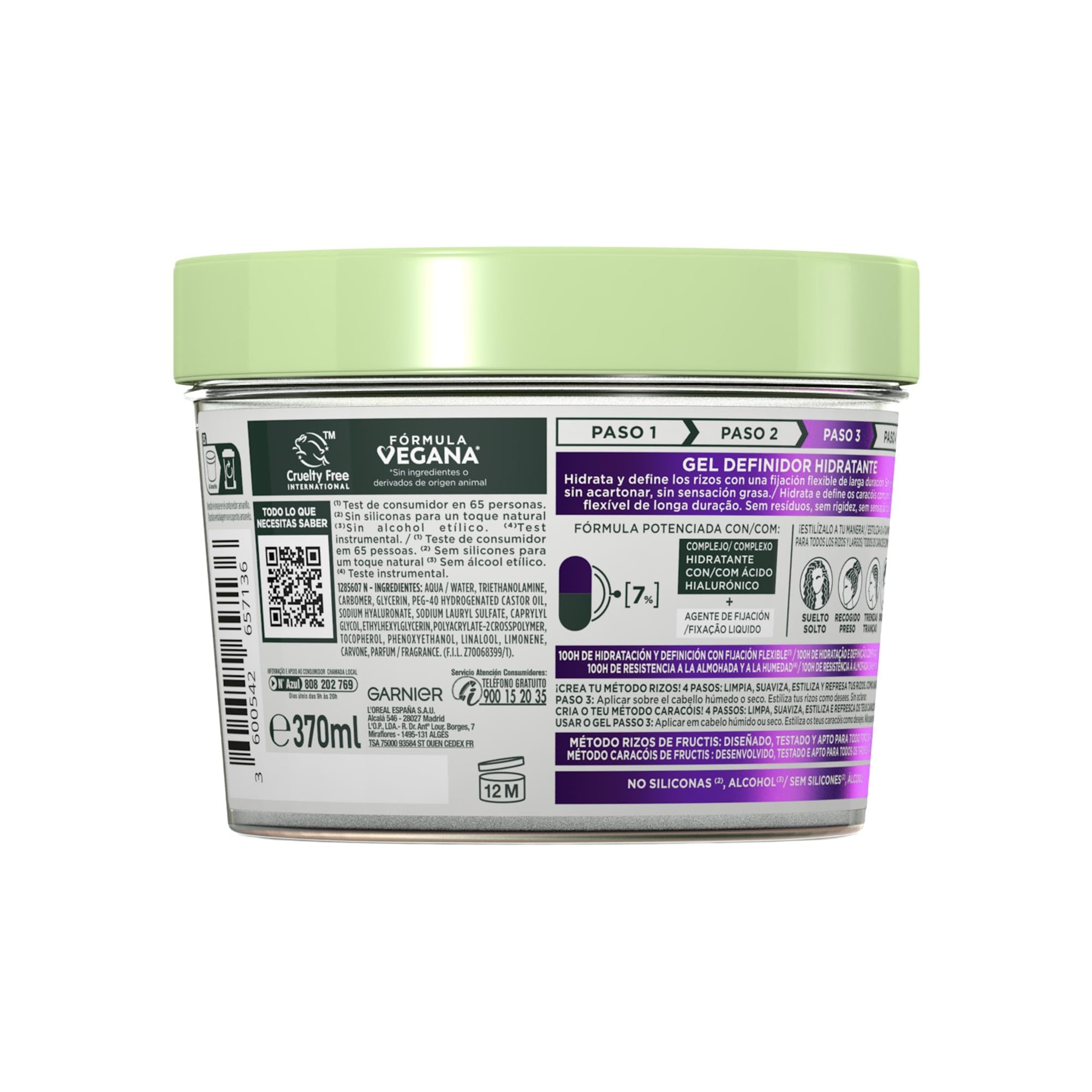 Garnier Fructis Curls Method Flexi Hold Gel Paso 3 Gel de peinado hidratante para todo tipo de rizos, 100H hidratación, ácido hialurónico