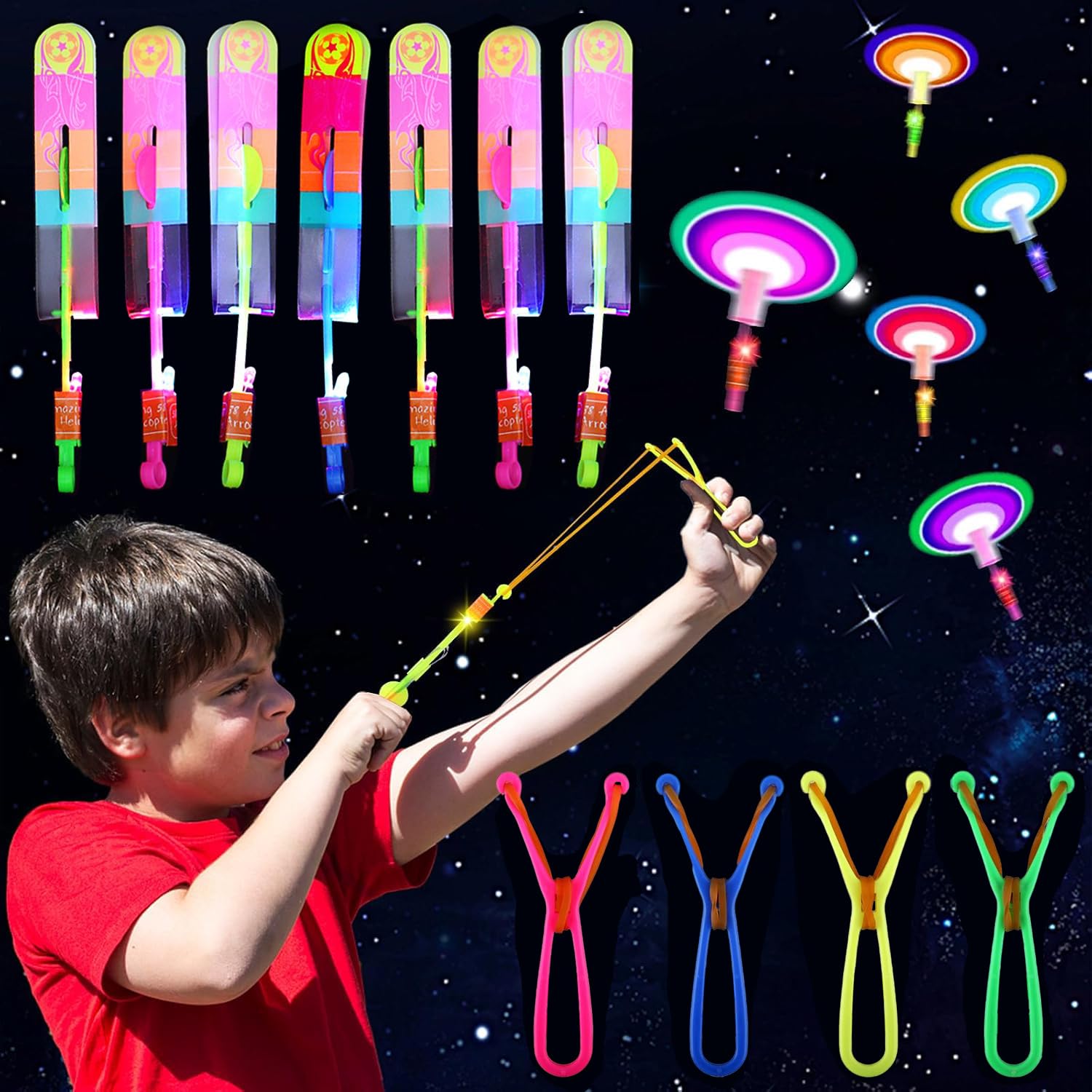 HATFRYF LED Light Slingshot Toy, 20PCS Rocket Helicopter Flying Toys with LED Lights, Flying Toy Party Set