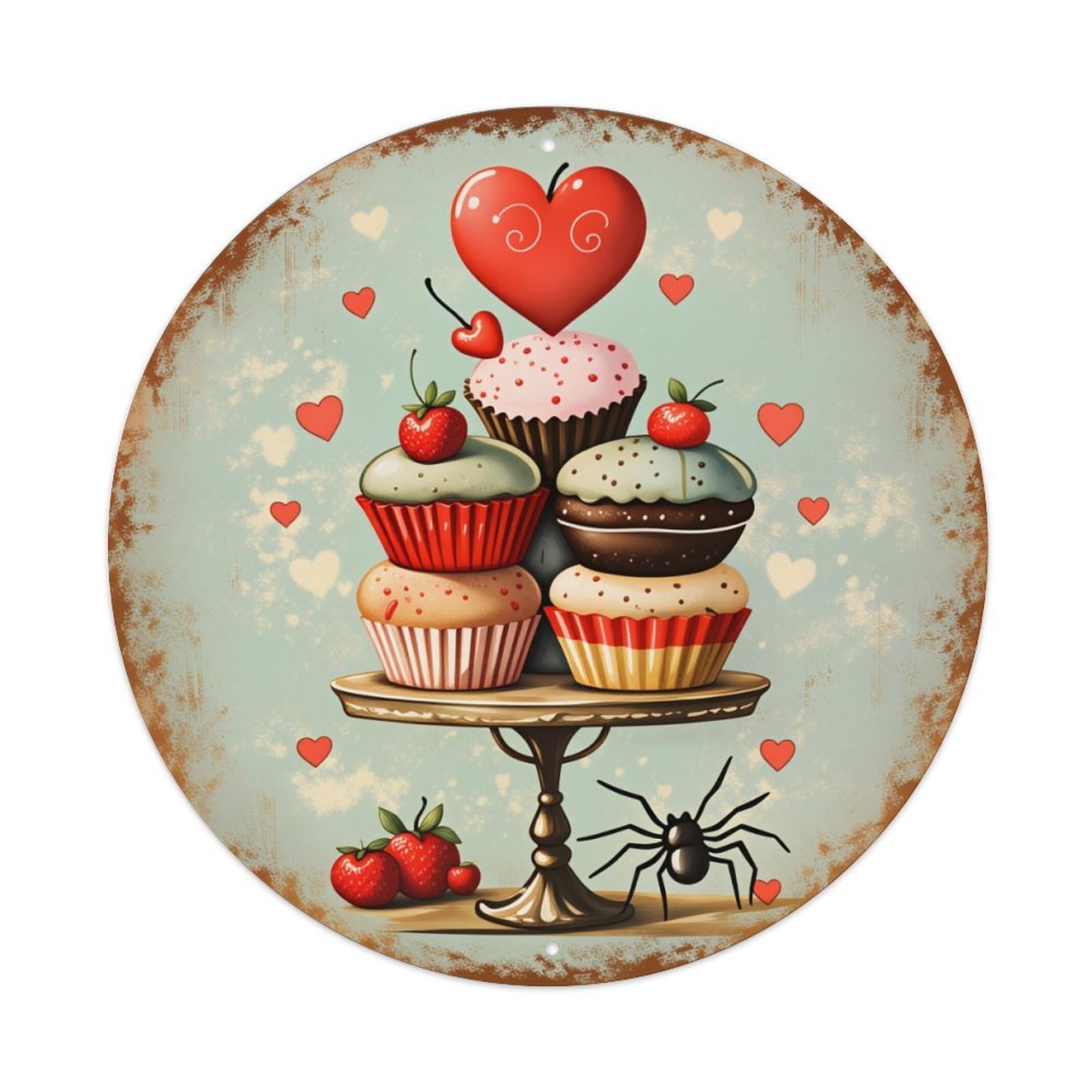 Lzwbntey Vintage Cupcake Heart Strawberry Spider Cake Metal Tin Sign Retro Wall Decor For Home Bar Garage Cafe, Indoor & Outdoor Decorative，Circle Metal Poster, 8X8 Inch