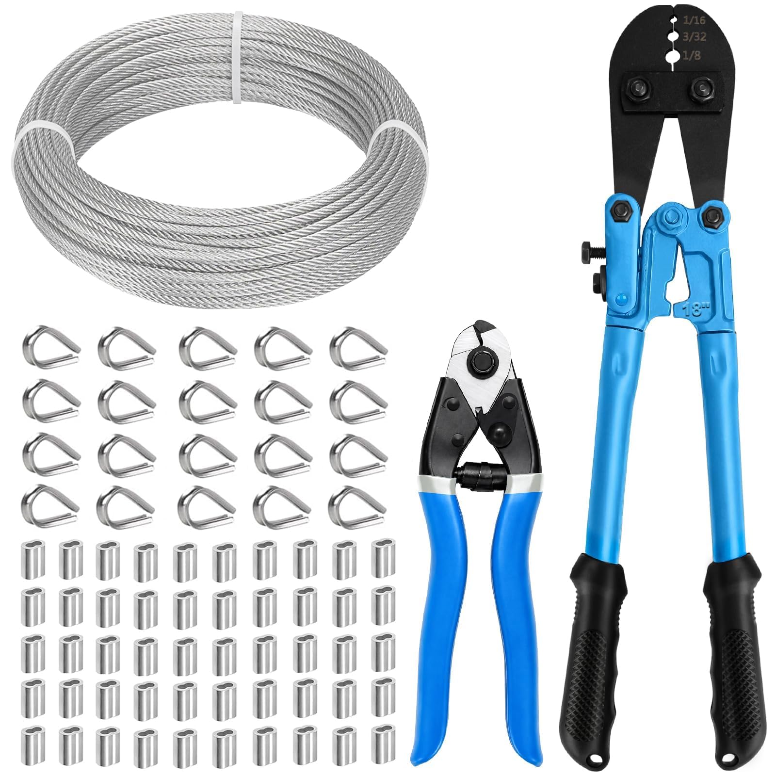 Kit di cavi in acciaio inossidabile da 3 mm e 50 m, con strumento di crimpatura e tagliacavi, per fai da te, recinzioni, luci a stringa
