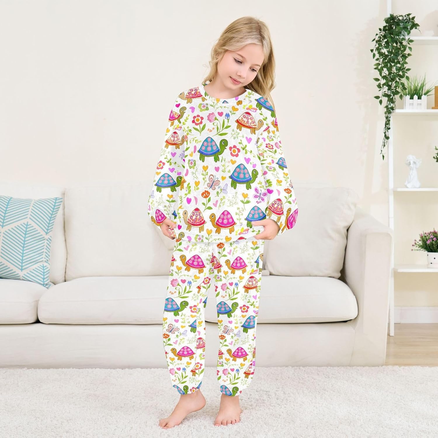 Cute Cartoon Turtles Colorful Pajama Set, Plush Coral Fleece, Soft Cozy Loungewear for Winter