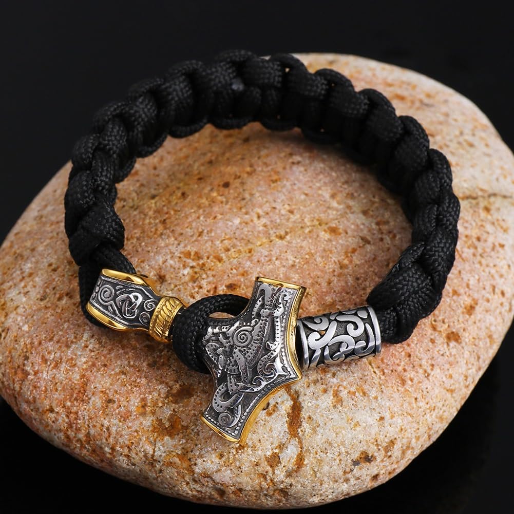 Skórzana bransoletka dla mężczyzn, Viking Mjolnir Paracord Bransoletka ze stali nierdzewnej Złoto Srebro 19cm-23cm