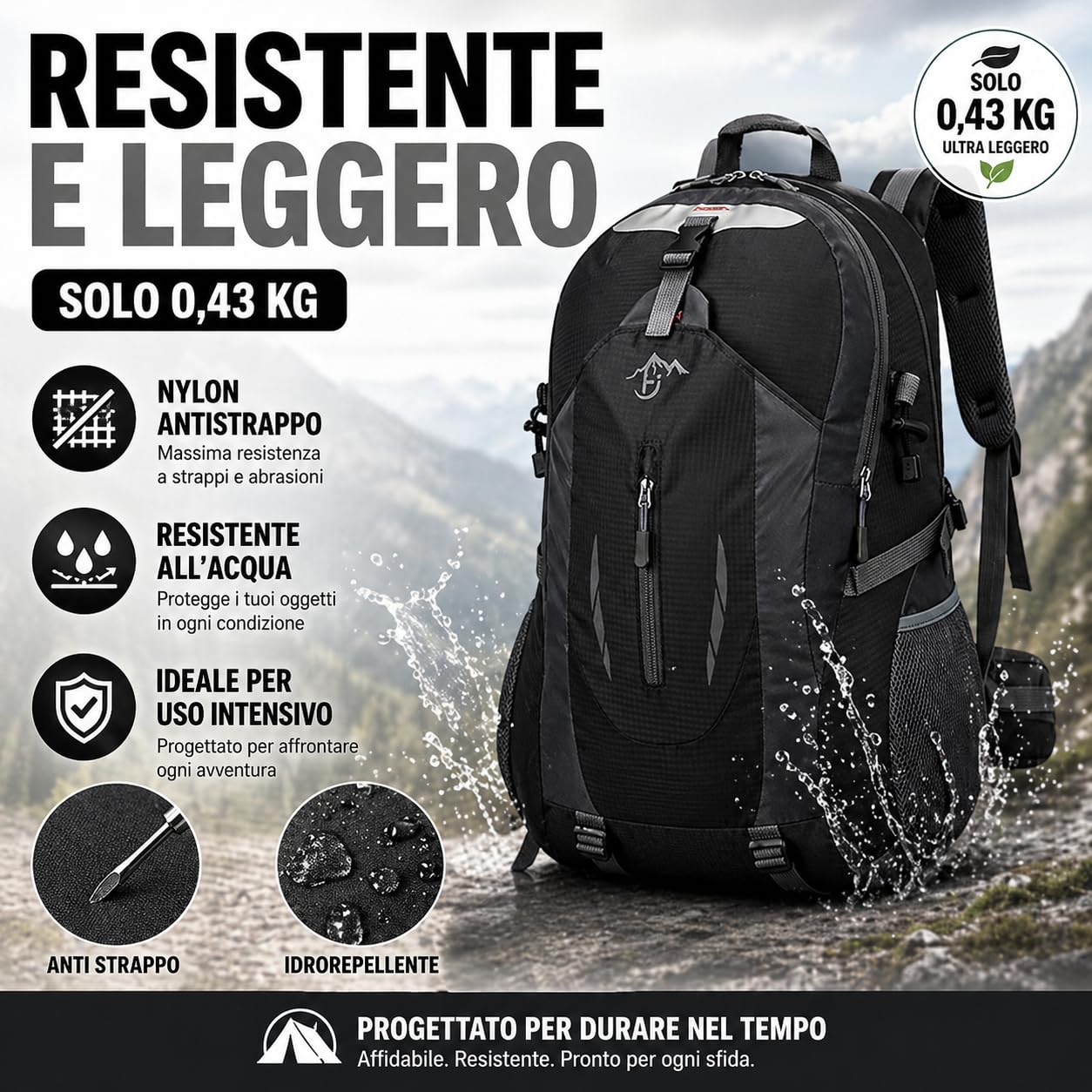 Zaino con Pannello Solare 20W USB 5V - Zaino Trekking da 40 Litri Impermeabile per Escursionismo, Alpinismo, Campeggio - Spallacci e Schienale Imbottiti, Antistrappo e Multifunzionale