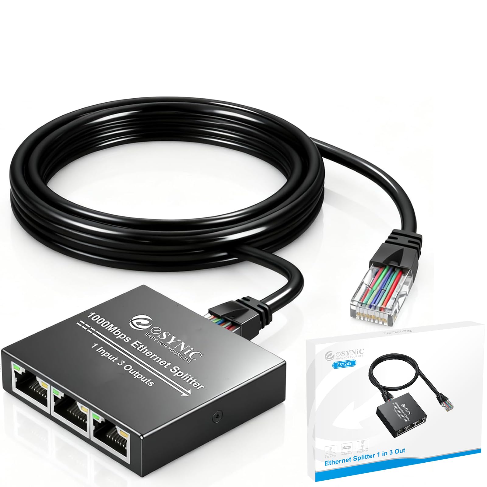 eSynic Szybki rozdzielacz Ethermet 1 do 3 przenośny rozdzielacz sieciowy USB C Rj45 z 1 kablem Ethernet metalowy rozdzielacz kabli internetowych obsługuje Cat8, 7, 6, 5 i 5e do ADSL, koncentratorów