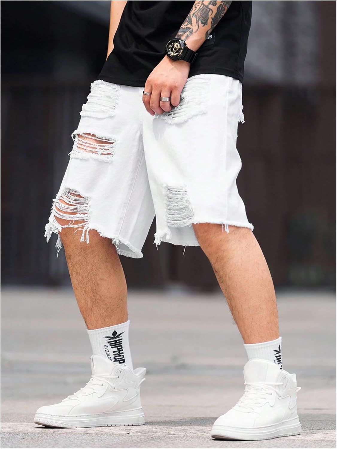 Verdusa Men's Ripped Bermuda Denim Shorts Straight Leg Jean Jorts with Pockets - Image 4