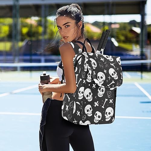 Miniatura 7 de Mujeres Hombres Mochila de Tenis Gran Almacenamiento Halloween Cráneo Negro Raqueta de Tenis Bolsa con Capacidad 2 Raquetas para Mujeres Hombres