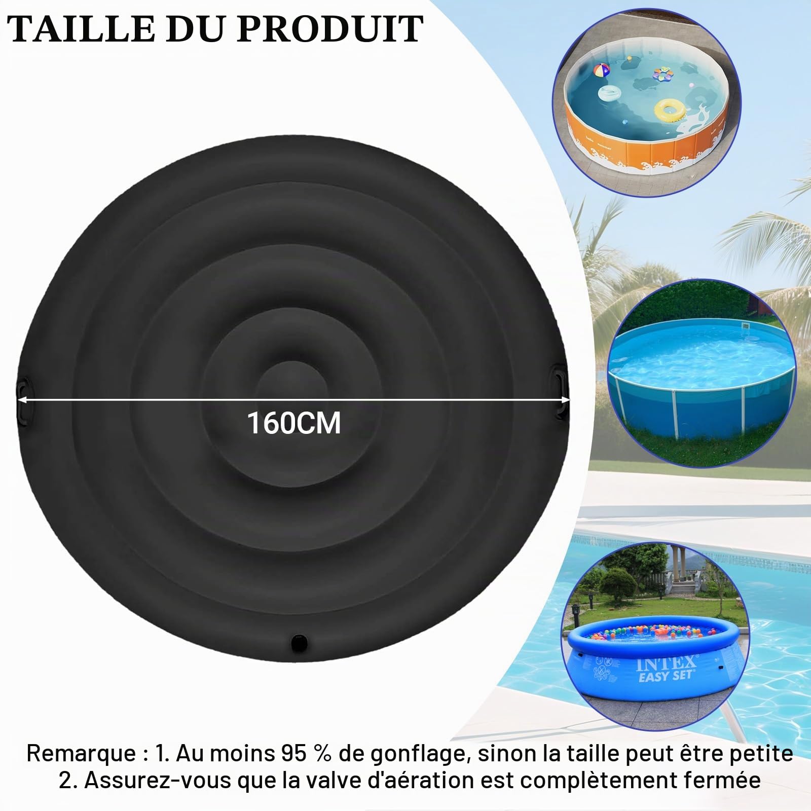 Couvercle de Bain à Remous Rond 160CM, Couvercle Spa Gonflable