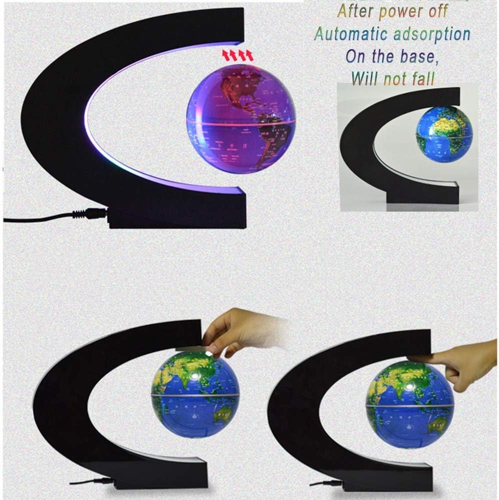 Geographical Globe, Floating Globe - C-Shaped 3 Inch LED Light Magnetic Suspension Globe Decoration Ornament Kids Education Gift Tool Family Desk Surface, Blue
