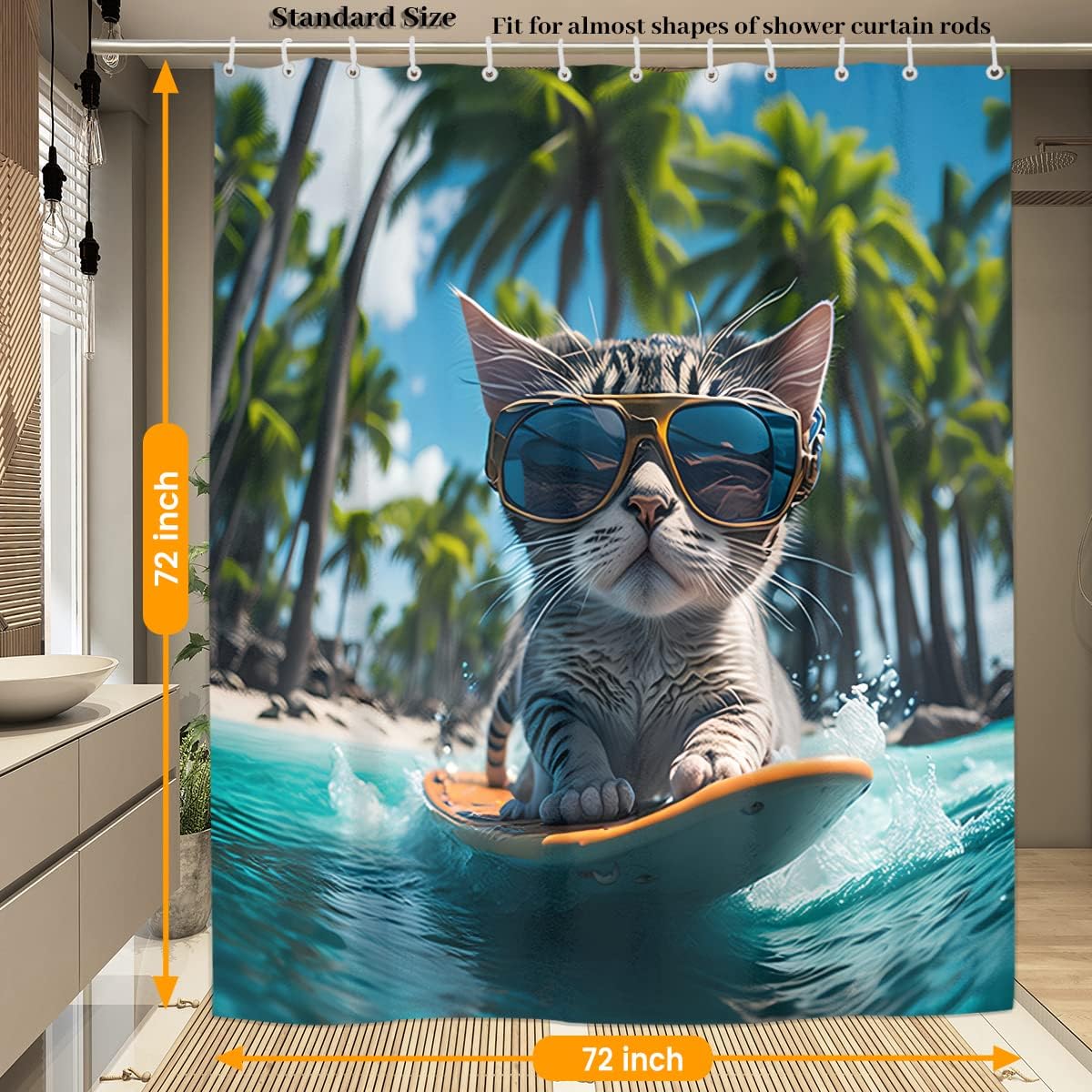 Funny Cat Shower Curtain for Bathroom, Summer Beach Sunglasses Surfing Kitten Waterproof Bath Curtain Polyester Fabric Machine Washable Bathtub Curtains Bathroom Home Decor 72 x 72 Inch with 12 Hooks