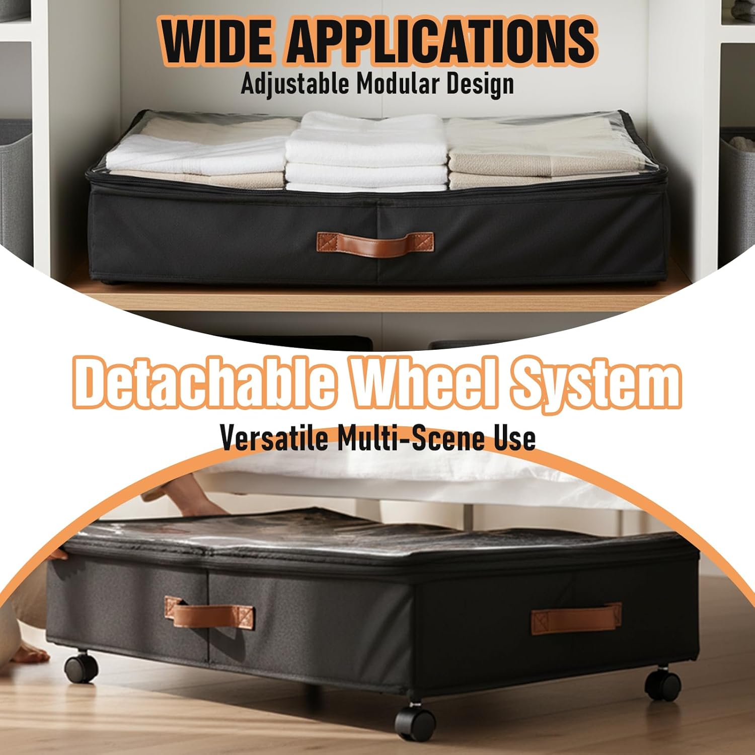 AVOKIHI Under Bed Storage Containers with Wheels, 60L Large Underbed Organizer Box for Clothes, Blankets & Shoes, 9.5 Inch Adjustable Height Under the Bed Storage Bin with Clear Top