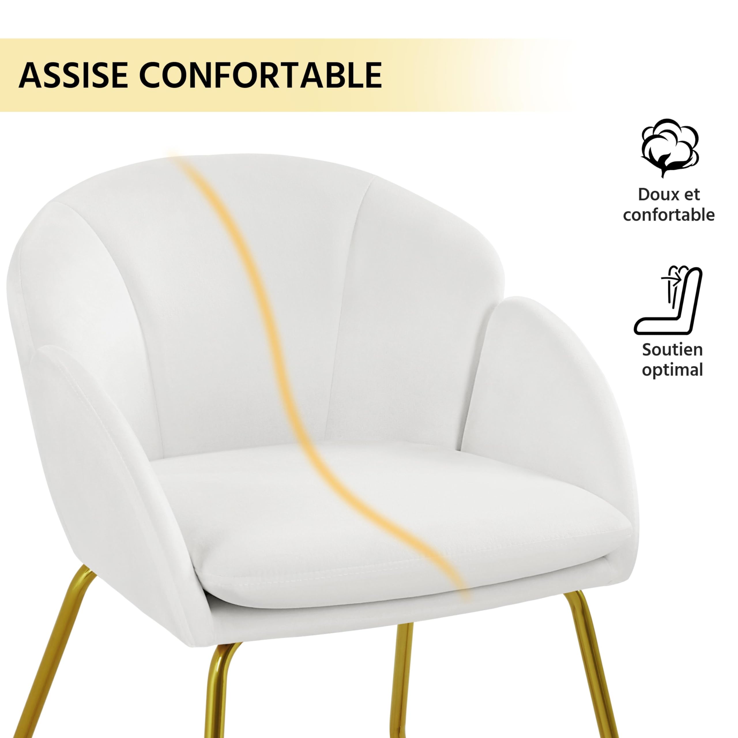 Yaheetech Fauteuil de Chambre à Coucher, Salon, rembourré, Haut Moderne, Ergonomique, en Velours, avec Dossier Circulaire, accoudoirs, Pieds en métal, Charge 136 kg Blanc