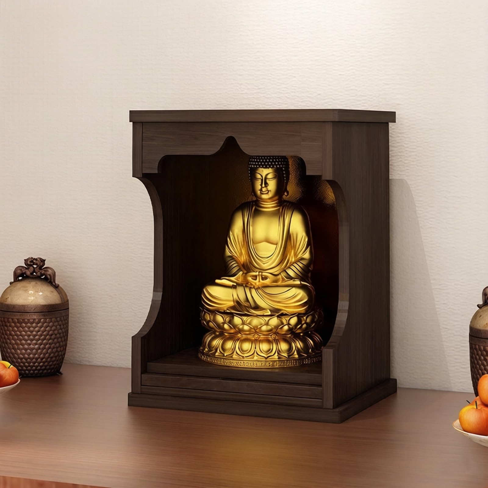 Autel bouddhiste moderne avec tablette coulissante d'offrandes et armoire de rangement