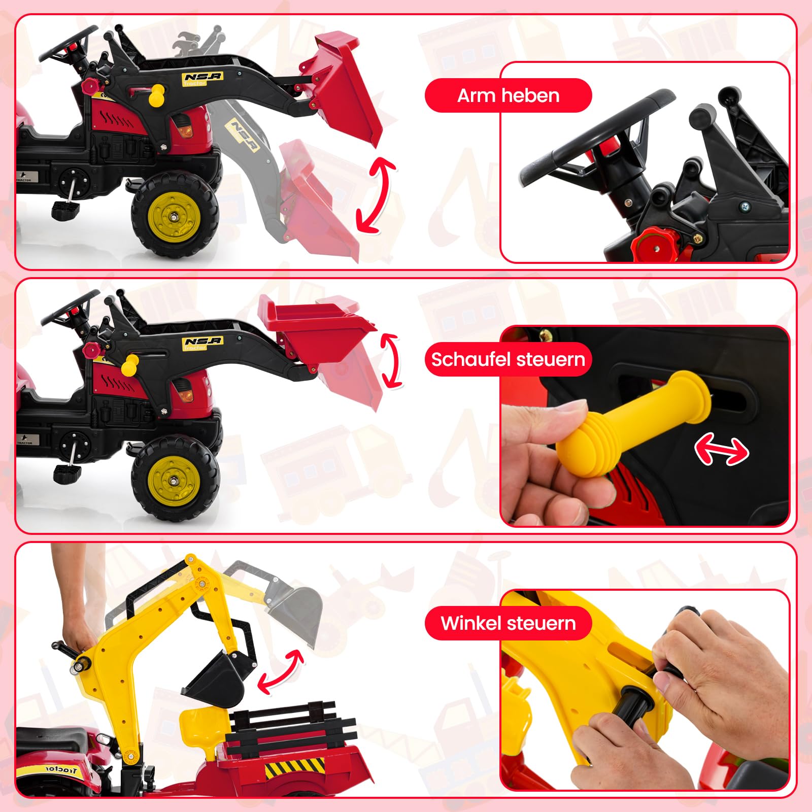 COSTWAY Trettraktor, Kinder Traktor mit Abnehmbarer Anhänger & Grabschaufel, Kindertraktor bis 35 kg belastbar, Sitzbagger für Kinder ab 3 Jahren (Rot)