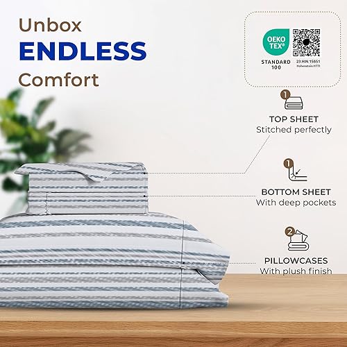 Miniatura 3 de THREAD SPREAD Sábanas 100% algodón estampadas, 600 hilos, juego de sábanas de 4 piezas con puntos azules y grises a rayas, sábanas de satén de lujo