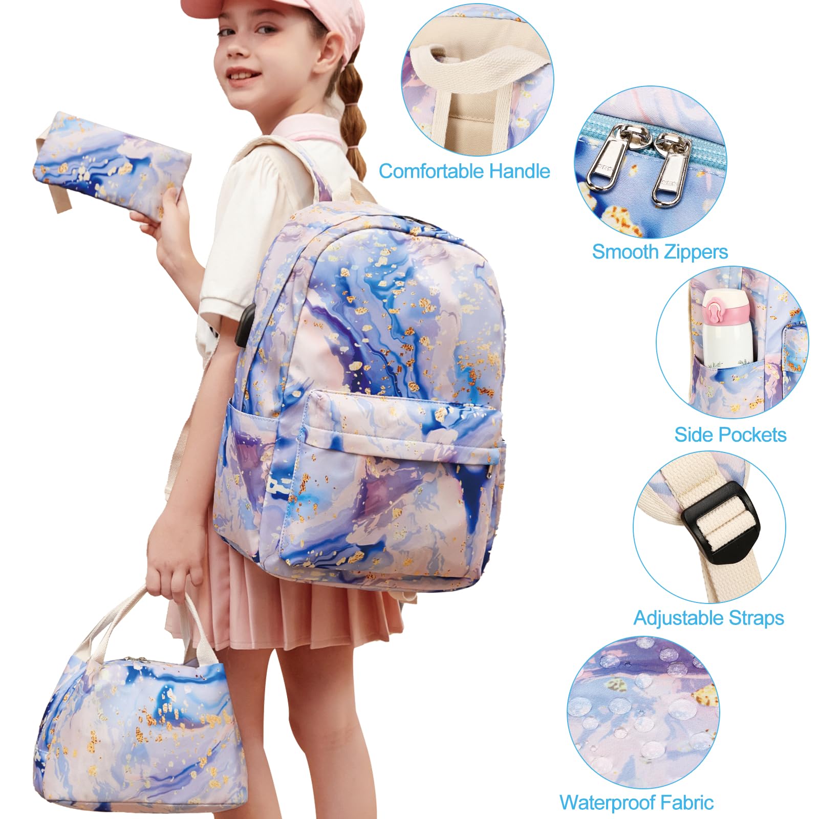 Zaino scolastico per ragazze e adolescenti, set con portapranzo, astuccio da viaggio, zaino per computer portatile, zaino casual