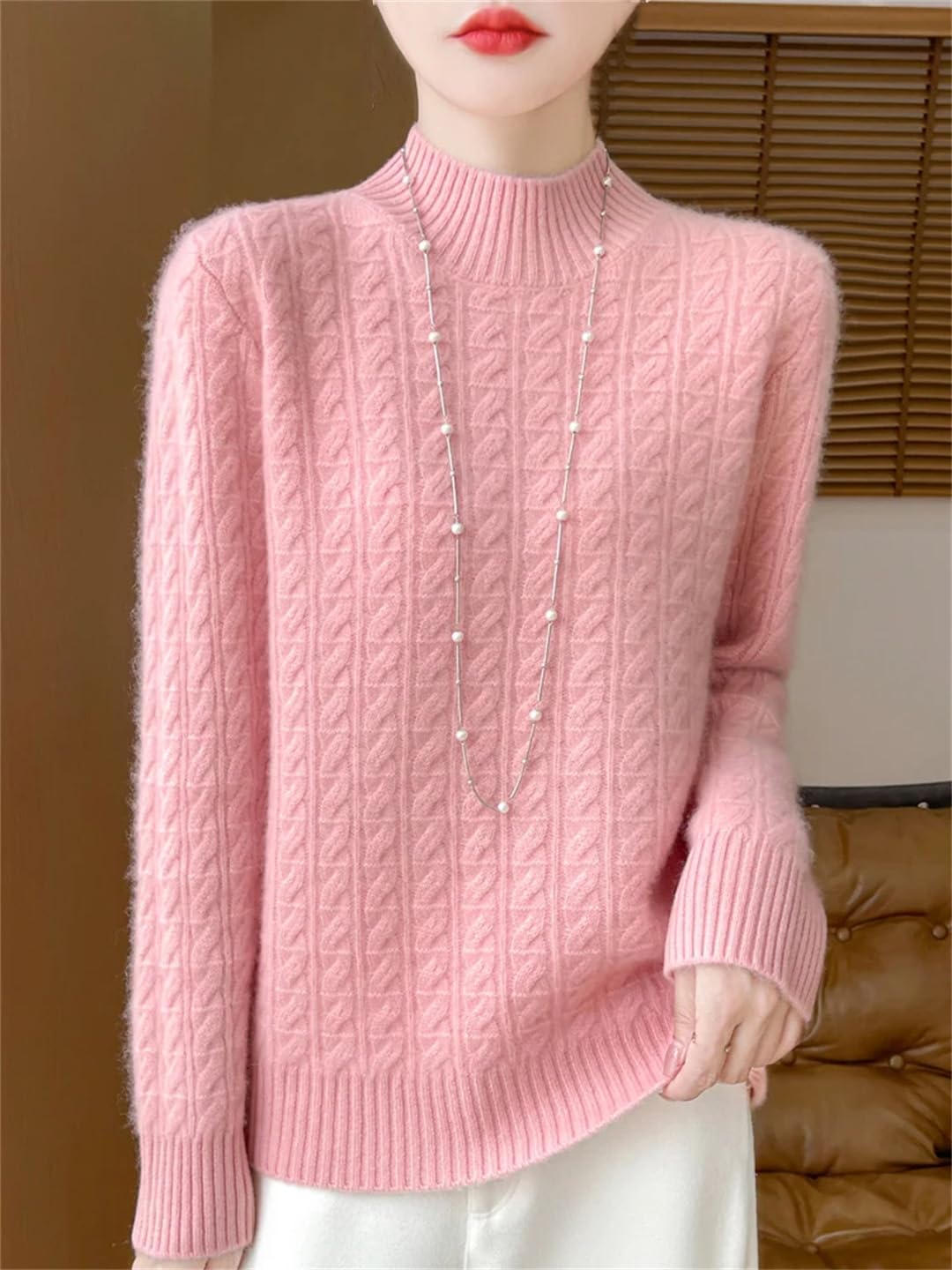 Maglione lavorato a maglia spessa da donna in lana merino maglione invernale caldo collo a mezza altezza BottoBeigeng camicia