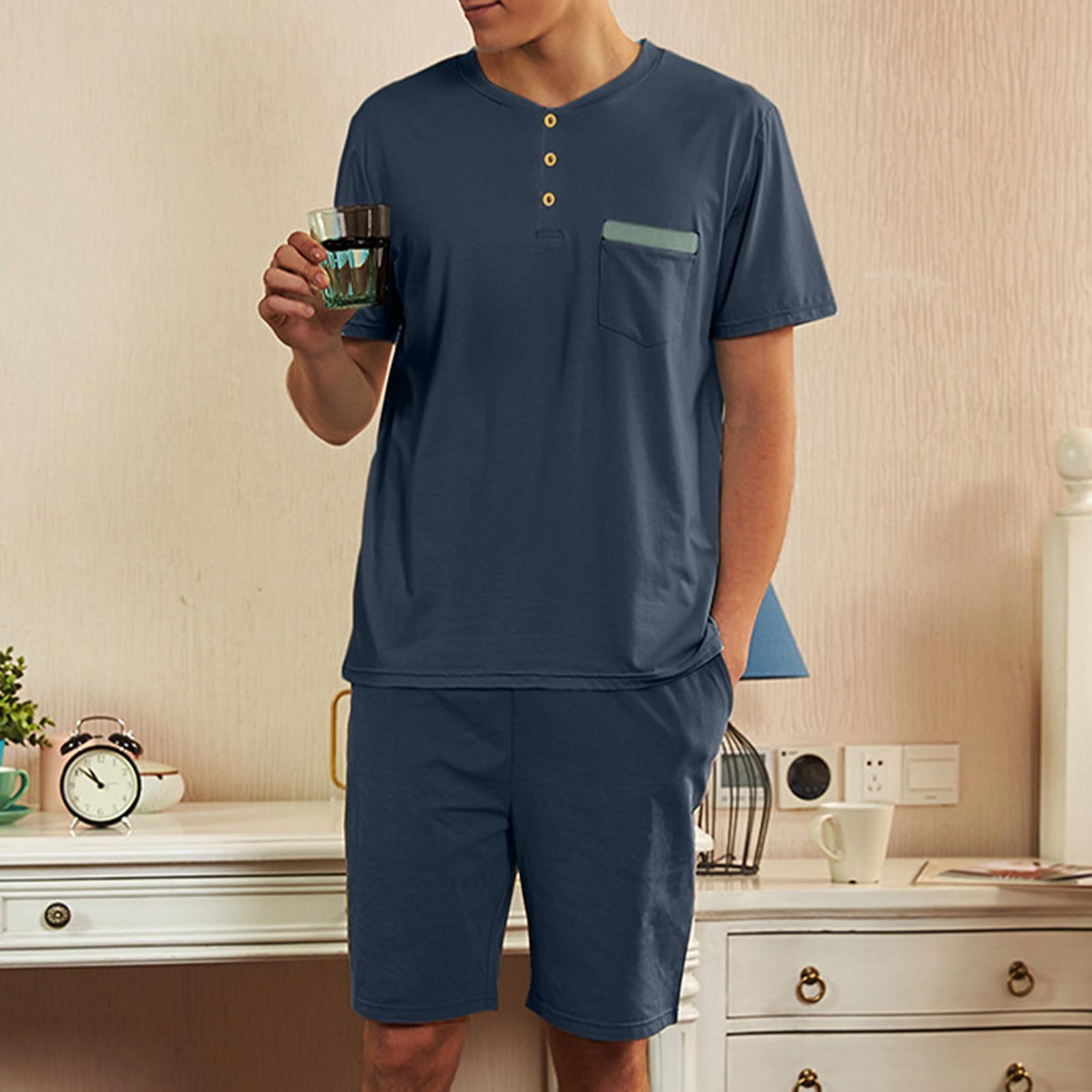 Pigiama Uomo Estivo Corto In Cotone, Pigiama Uomo Con Stampa Girocollo Pigiama Corto Uomo Con Maniche Corte E Pantaloncino Con Tasche Pigiami Uomo Cotone Top E Pantaloncini Abbigliamento Da Notte Uomo