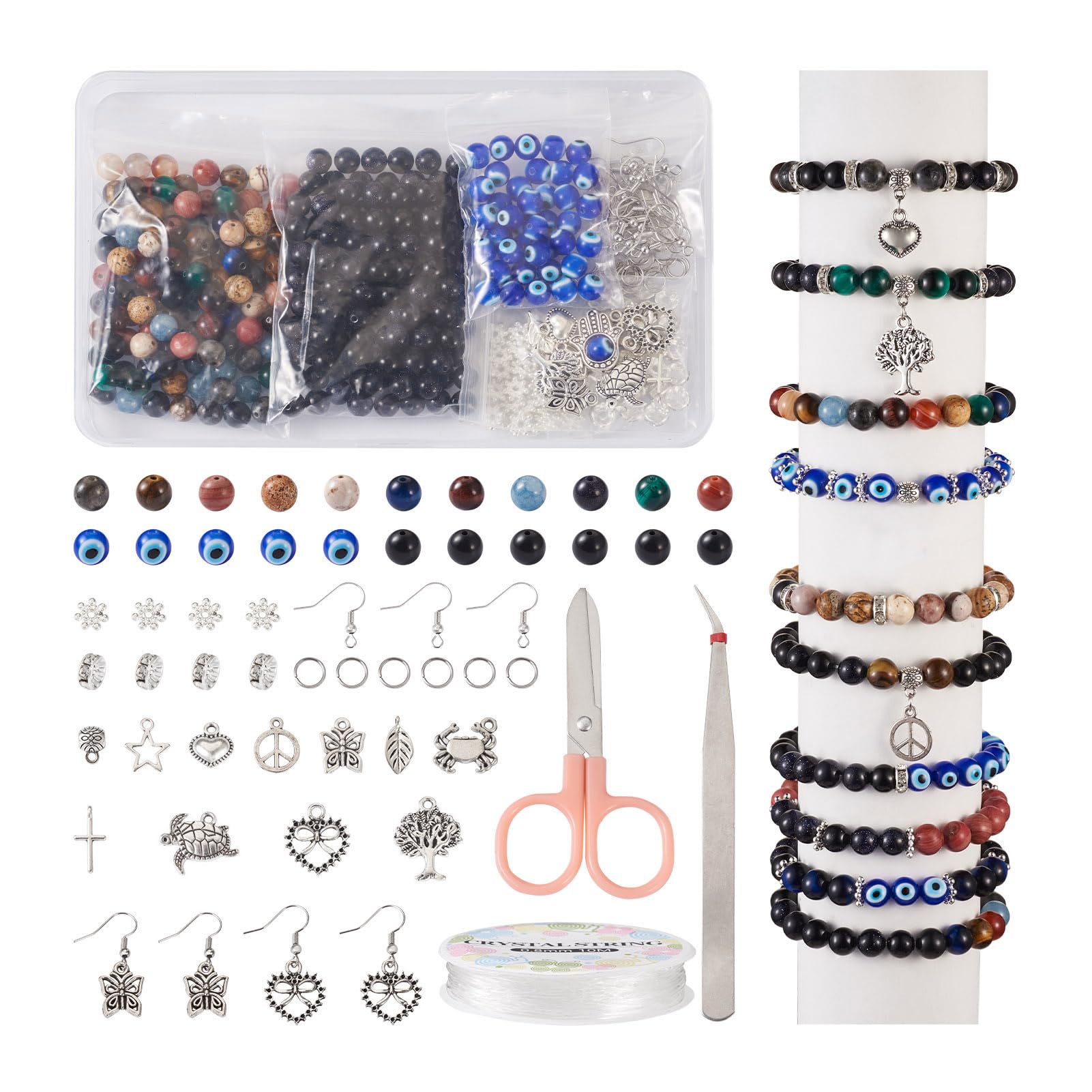 PandaHall 230pcs Round Gemstone Beads 40pcs Lampwork Evil Eyes Beads with Tibetan Style Charms for Earring Bracelet Jewelry Making Kit