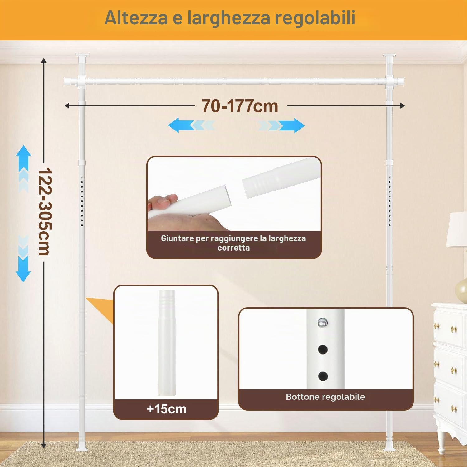 Divisorio Paravent Supporto Asta per Tende, Autoportante Separatore Ambienti Paravent Senza Tenda, L 70-177cm x A 122-305cm, Paravent Flessibile Regolabile Senza Forare, Schermo Privacy per Camera da