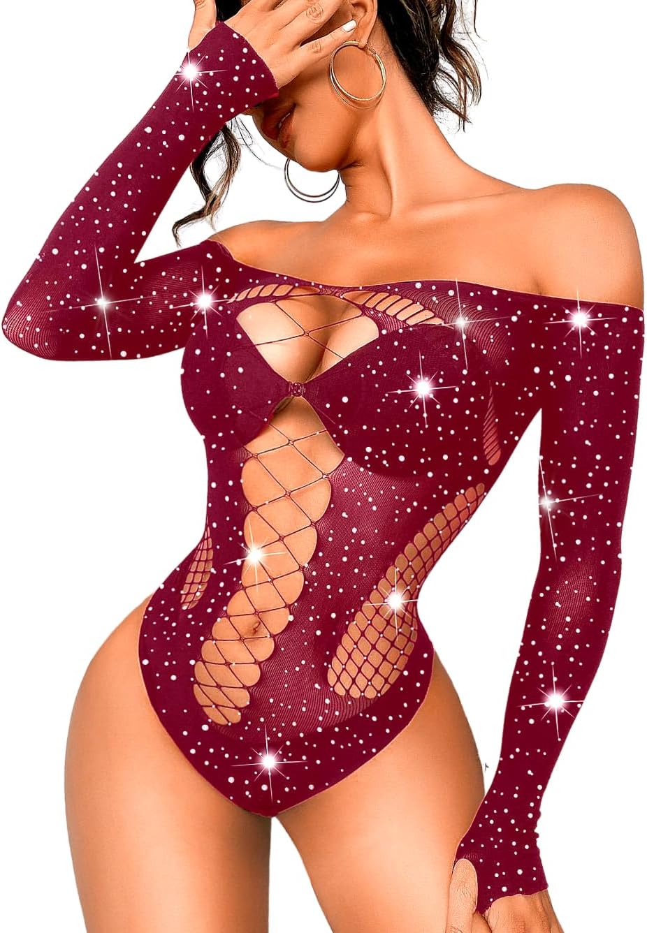 Kaei&Shi Rave Outfits For Women, Rhinestone Bodysuit Fits 0-16, Exotic Dancer Sexy Tops, Fishnet Stripper Plus Size Lingerie
