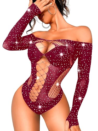 Kaei&Shi Rave Outfits For Women, Rhinestone Bodysuit Fits 0-16, Exotic Dancer Sexy Tops, Fishnet Stripper Plus Size Lingerie - Burgundy