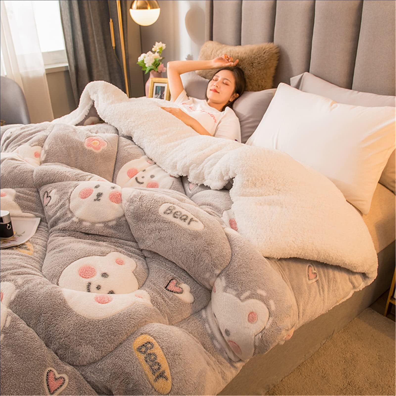 ZMIN Trapunta Invernale in Tessuto di Velluto di Agnello, Piumino in Cashmere Patchwork Biancheria da Letto Reversibile in Pile Trapunta Invernale Calda E Spessa, Piumino in Lana Anallergica