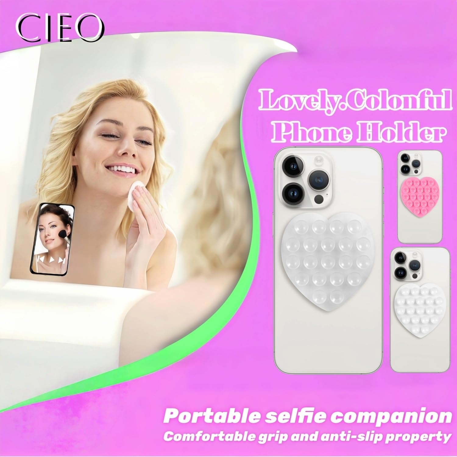 Soporte de teléfono con ventosa, accesorios para teléfono, soporte de agarre fuerte manos libres para selfies y videos, soporte de teléfono de ducha con espejo de agarre adhesivo (forma de amor,
