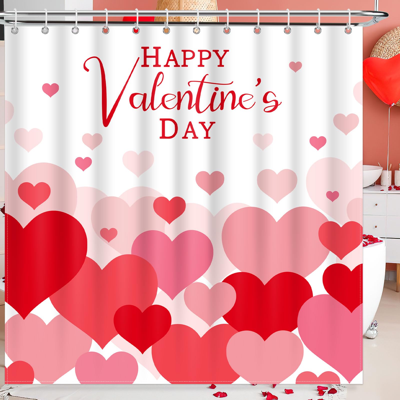 BOARDFEB Valentine's Day Shower Curtain, 72 X 72 Inches Heart Valentine Shower Curtain Romantic Red Hearts Bathroom Decor with Hooks Set Polyester