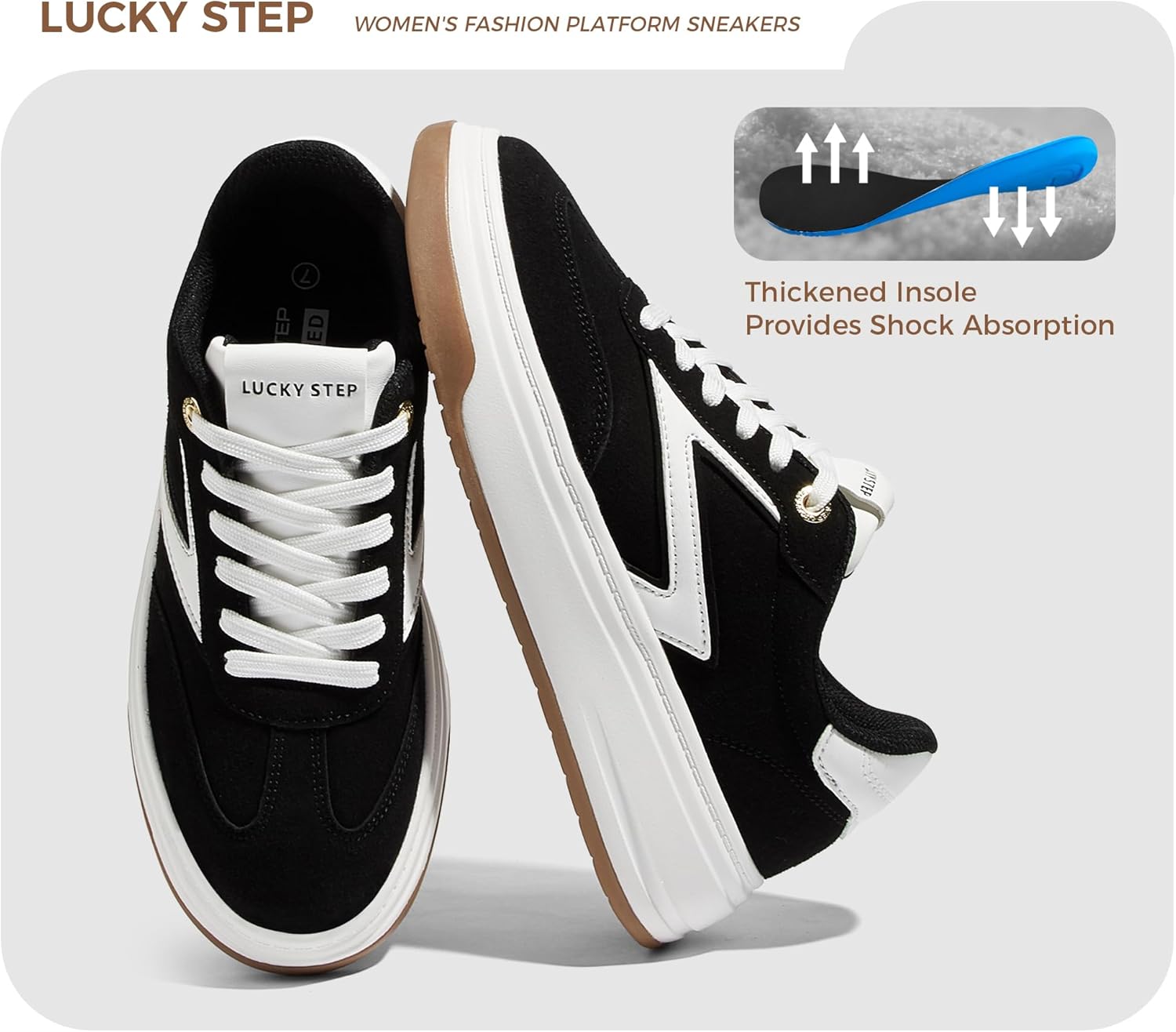 LUCKY STEP Women's Fashion Platform Sneakers Retro Chunky Casual Cow Suede Tennis Footwear Thick Sole Low Top Memory Foam Insole Walking Shoes