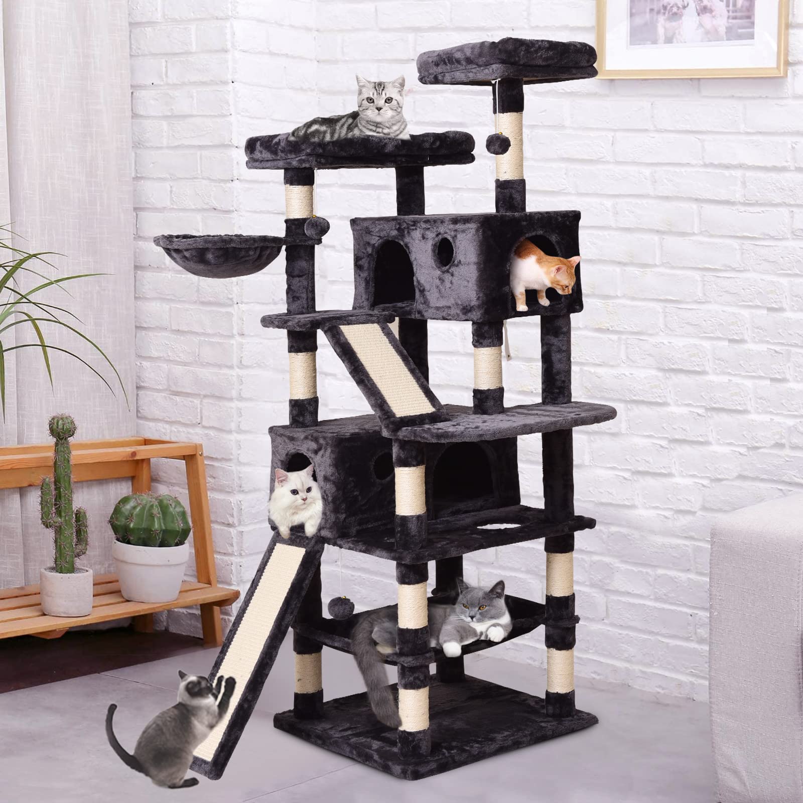 Katzenkratzbaum,Kratzbaum für Große Katzen 180 cm hoch, Katzenbaum mit Haus, viele Aussichtsplattformen, Katzenhängematte,Sisal Seil Kletterleiter, Plüsch Liegematte Marke: JISSBON (Black)