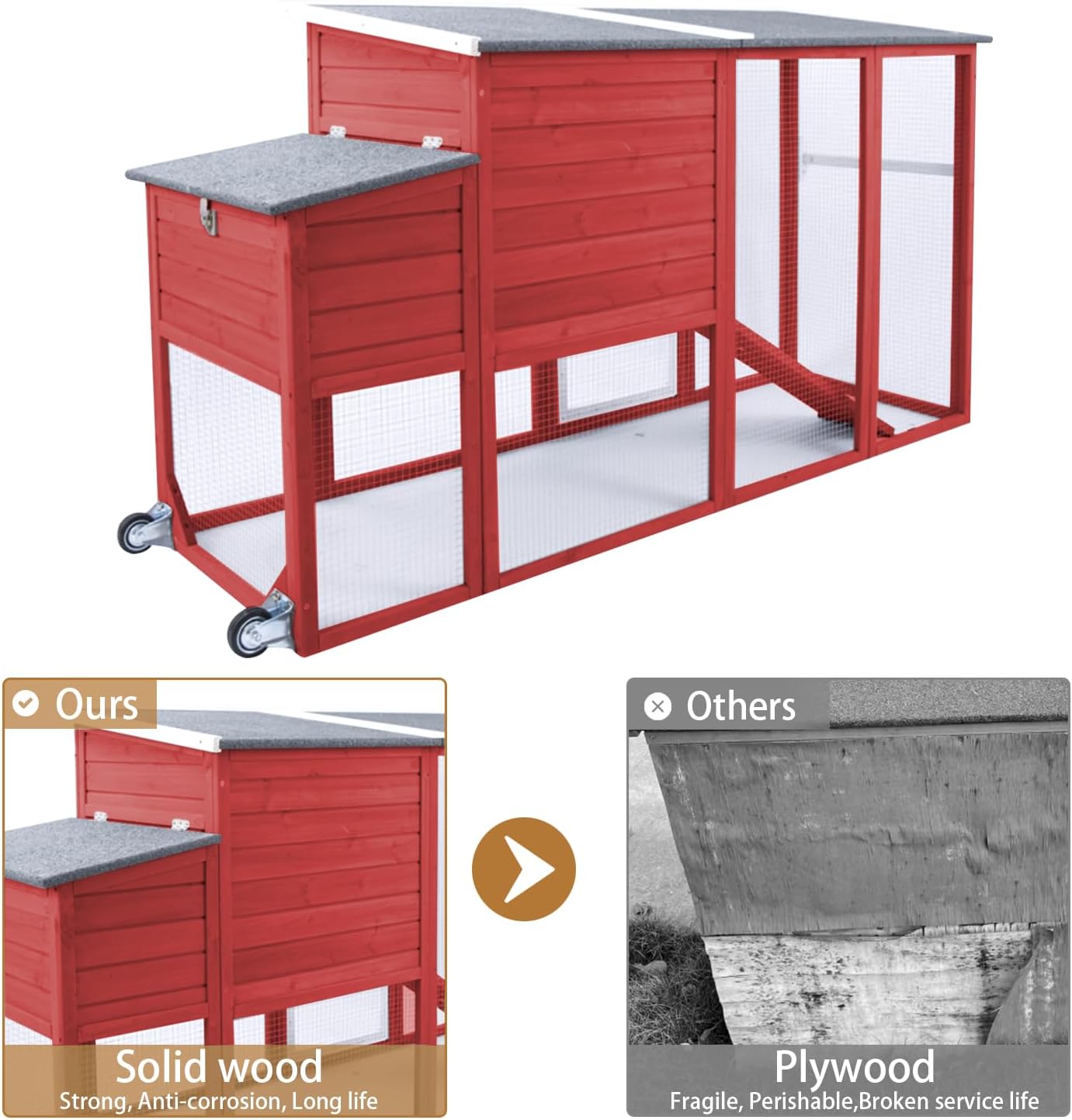 PetsCosset 75" Chicken Coop Backyard with Wheels Nesting Box Waterproof Removable Tray and Ramp Large Hen House for 1-4 Chickens