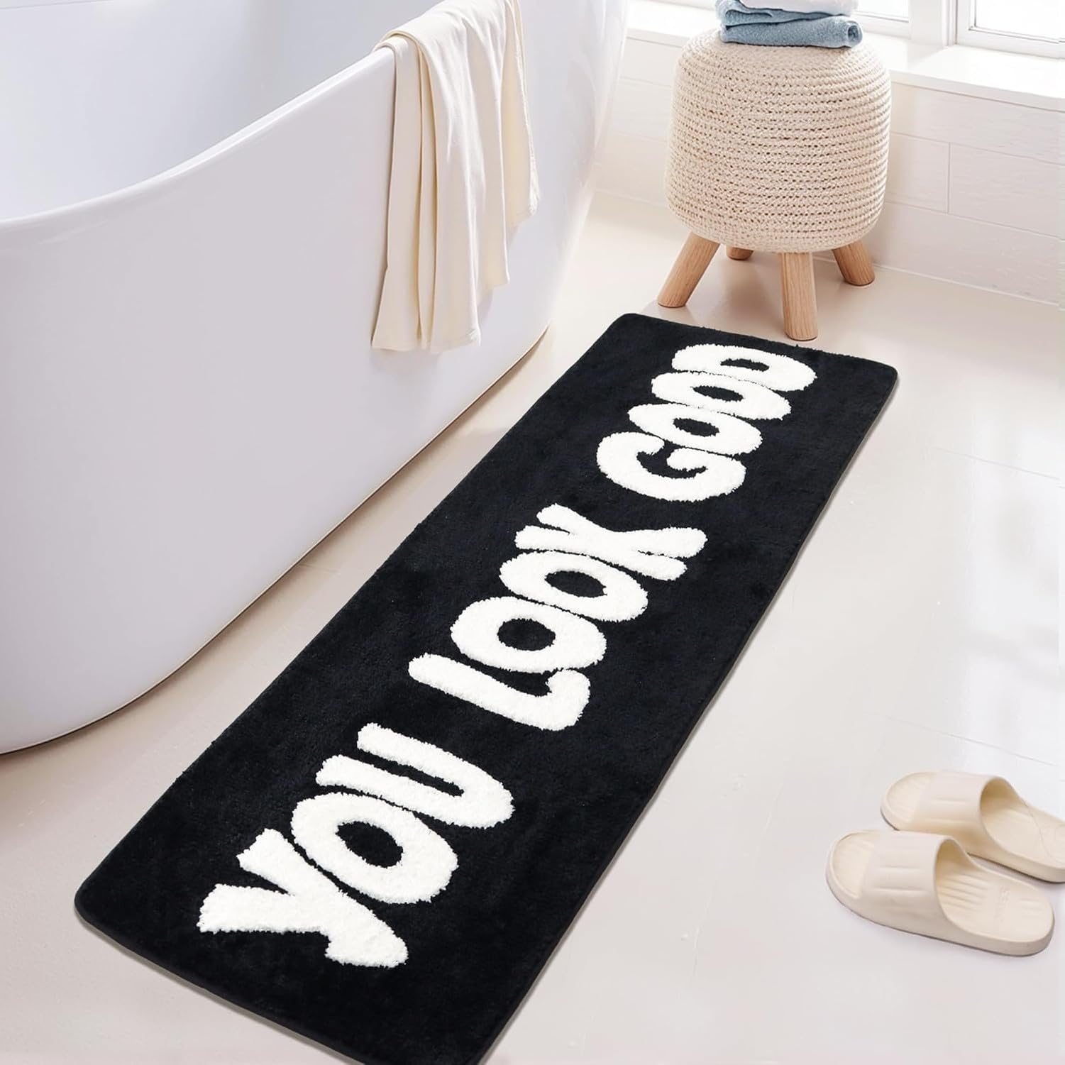 GYFGRTQ Long Bath Mat for Bathroom Humorous Runner Rug for Bathtub Dorm Shower Modern Decorative 20x60 Inch, Black-, 51x152 cm (Irregular)