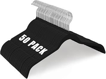 50 Pack Black Velvet Hangers Shirts, Non-Slip Felt Clothes Hangers 360Swivel, Holds up to 10 lbs Slim Flocked Space Saving Coat Hangers for Pants Tank Top Dresses Closet Organizers, Black