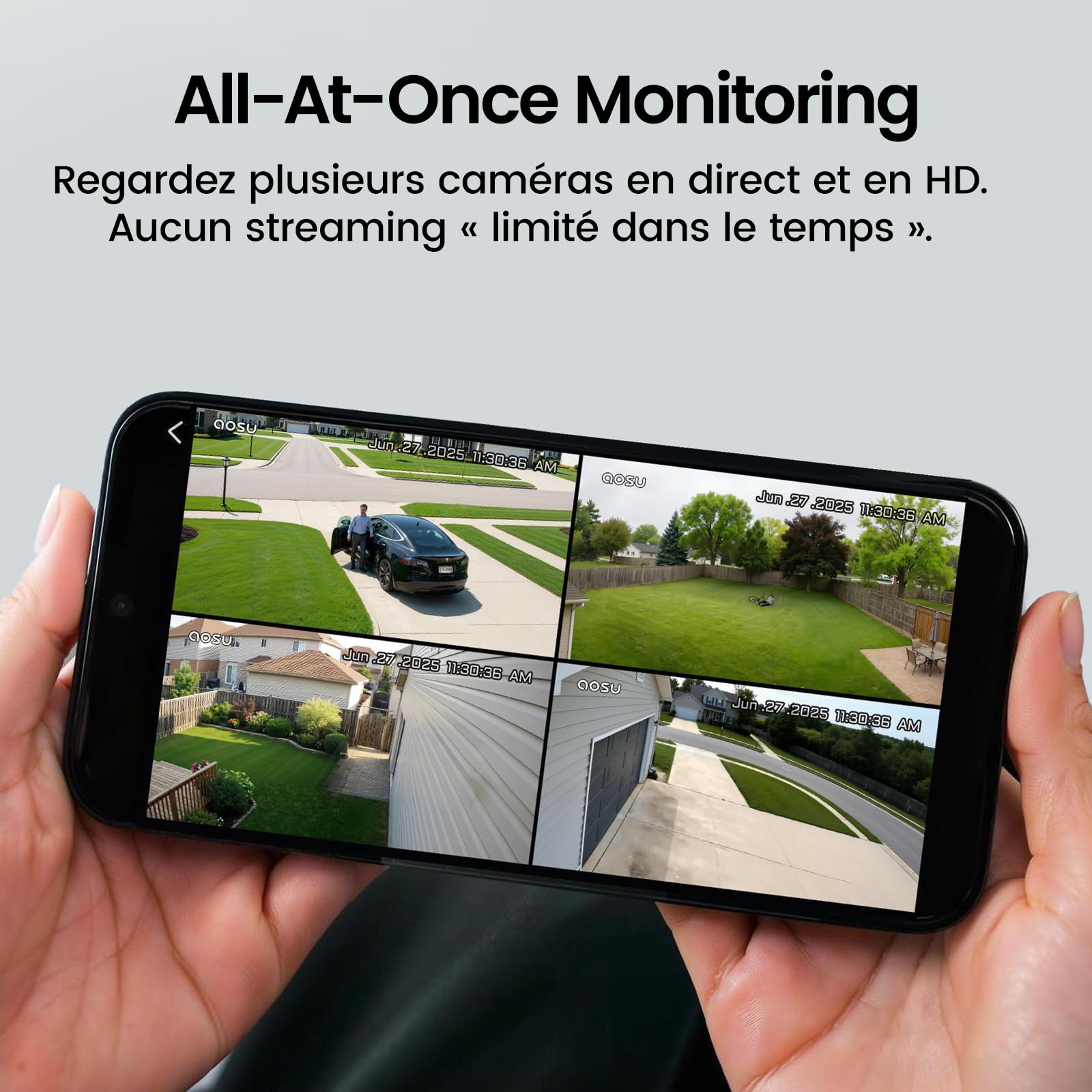 AOSU 4K D1 Max Caméra Surveillance WiFi Extérieure Sans Fil Solaire, 8MP UHD Kit 6 Caméras + aosuBase 2.0, Extensible à 1 to, 360° Pan/Tilt Suivi Automatique Détection PIR + IA Vision Nocturne Couleur