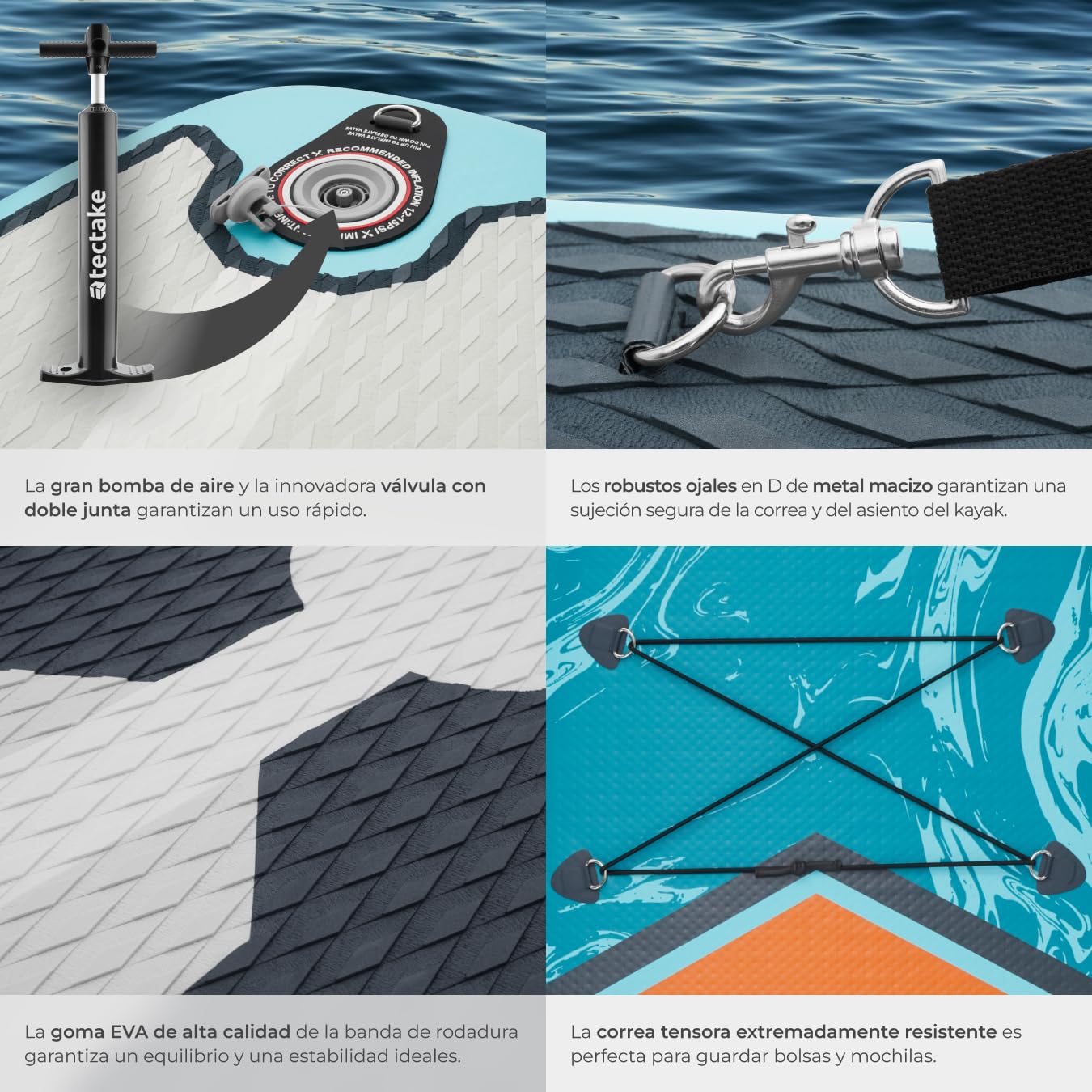 tectake® Tabla de Paddle Surf Hinchable, Incluye Remo 2 en 1, Asiento Incorporado de Kayak, Sup Hinchable, Bomba de Aire, Mochila Remo Doble y 3 Aletas, Tabla Hinchable, Carga Máx: 200kg