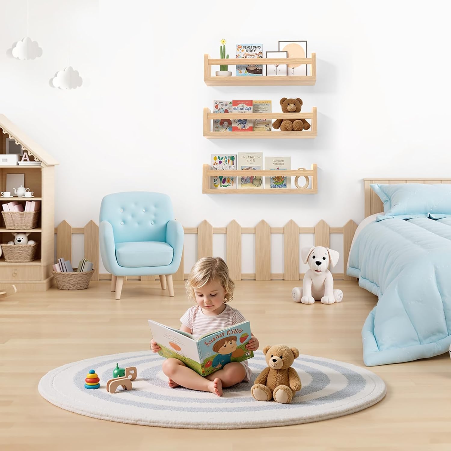 Floating Wall Nursery Book Shelves for Bedrooms Kids 16.5 Inch Natural Color Wooden Baby Book Shelf for Kids Rooms Set of 3 Nursery Shelves for Wall Mounted Toddler Bookshelf
