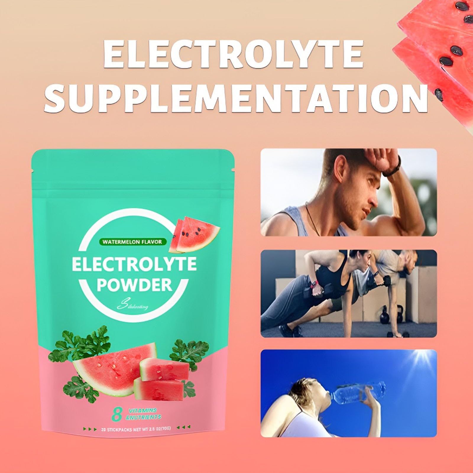 Polvo De Electrolitos De Sandía, Mezcla De Hidratación Energizante, Bebida Deportiva De Disolución Instantánea(3PC)