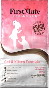 FirstMate Grain Friendly Cat Food Cat & Kitten Formula High Protein Dry Cat Food with Chicken & Wild Caught Fish, Pea Free Cat Food, No Corn Wheat Potato 13.2 lb Big